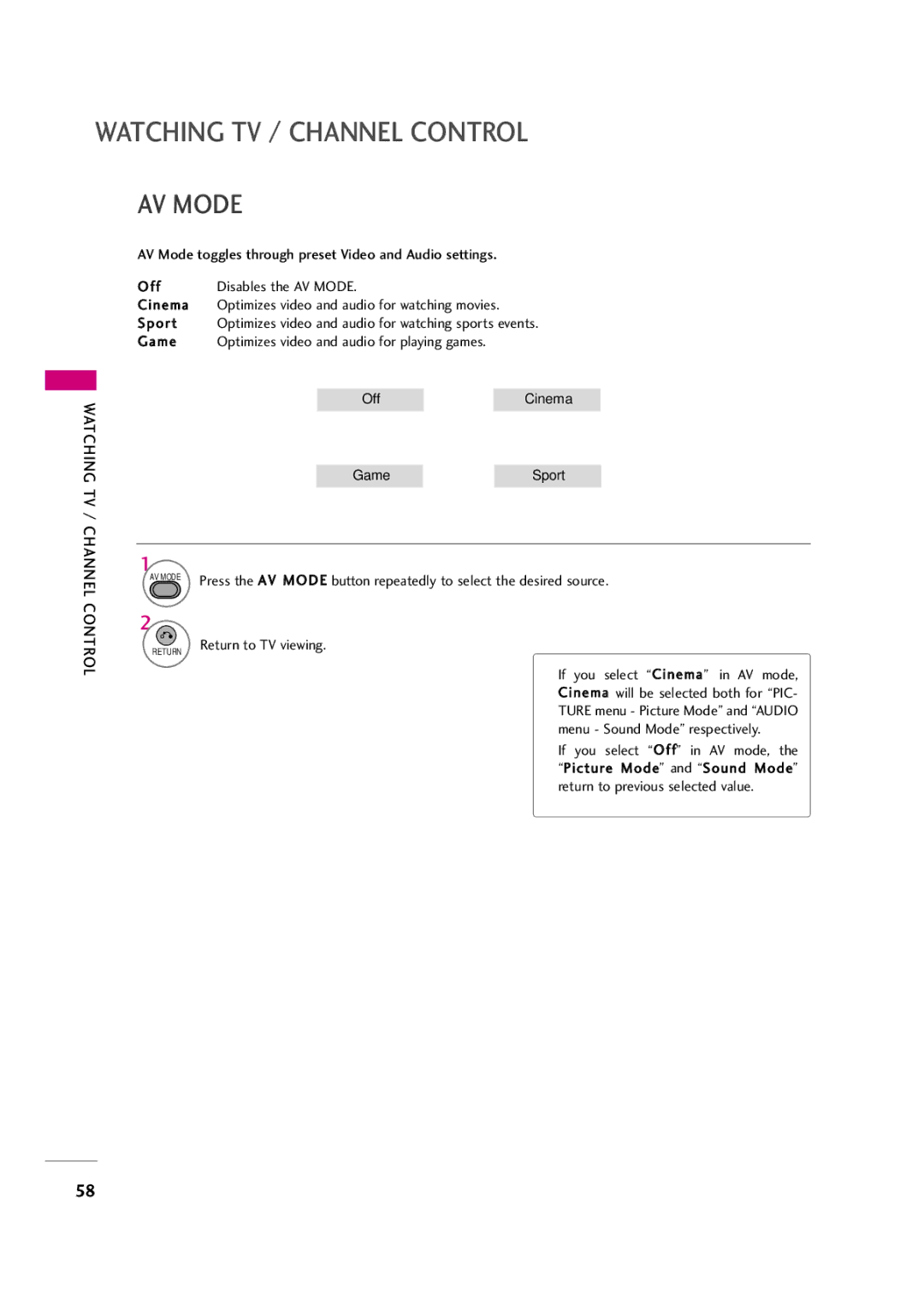 LG Electronics 47LH30FR AV Mode toggles through preset Video and Audio settings, Off Disables the AV Mode Cinema 