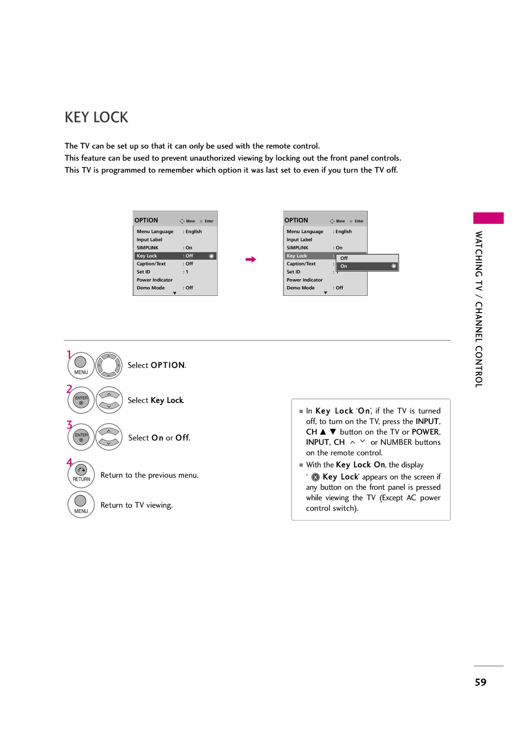 LG Electronics 55LH50YR KEY Lock, INPUT, CH or Number buttons on the remote control, With the Key Lock On, the display 