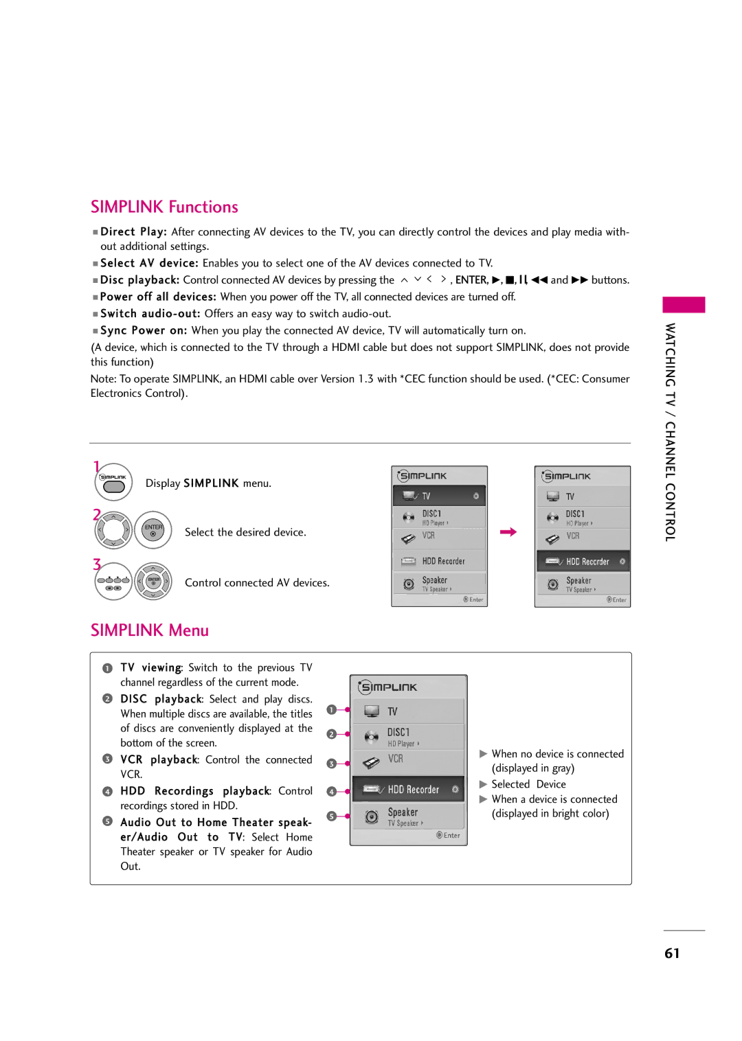 LG Electronics 37LH30FR, 42LF20FR Select the desired device, Disc playback Select and play discs, Out, Selected Device 