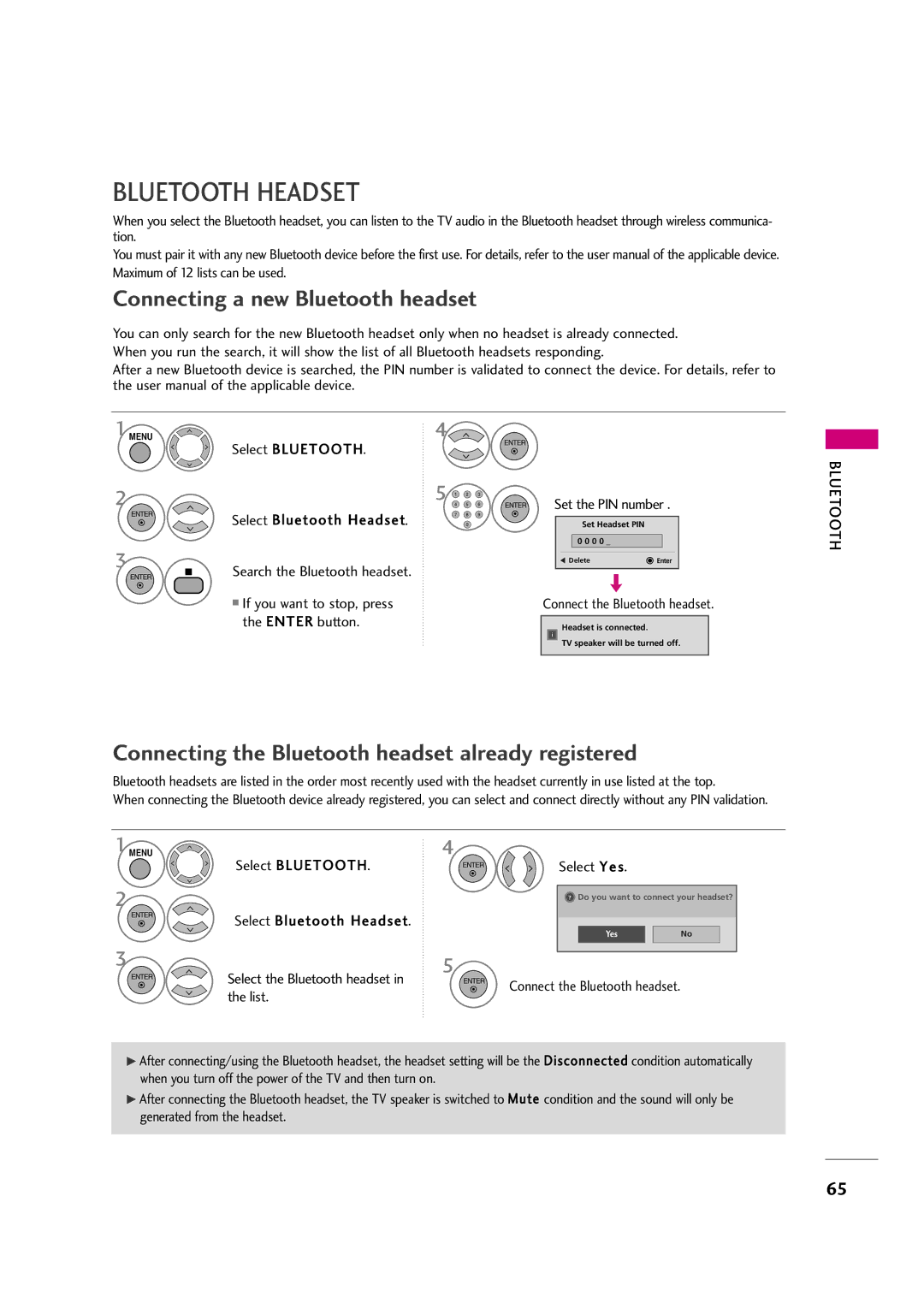 LG Electronics 42LH50YR, 42LF20FR, 37LH30FR, 37LH20R, 32LH30FR, 32LF20FR Bluetooth Headset, Connect the Bluetooth headset 