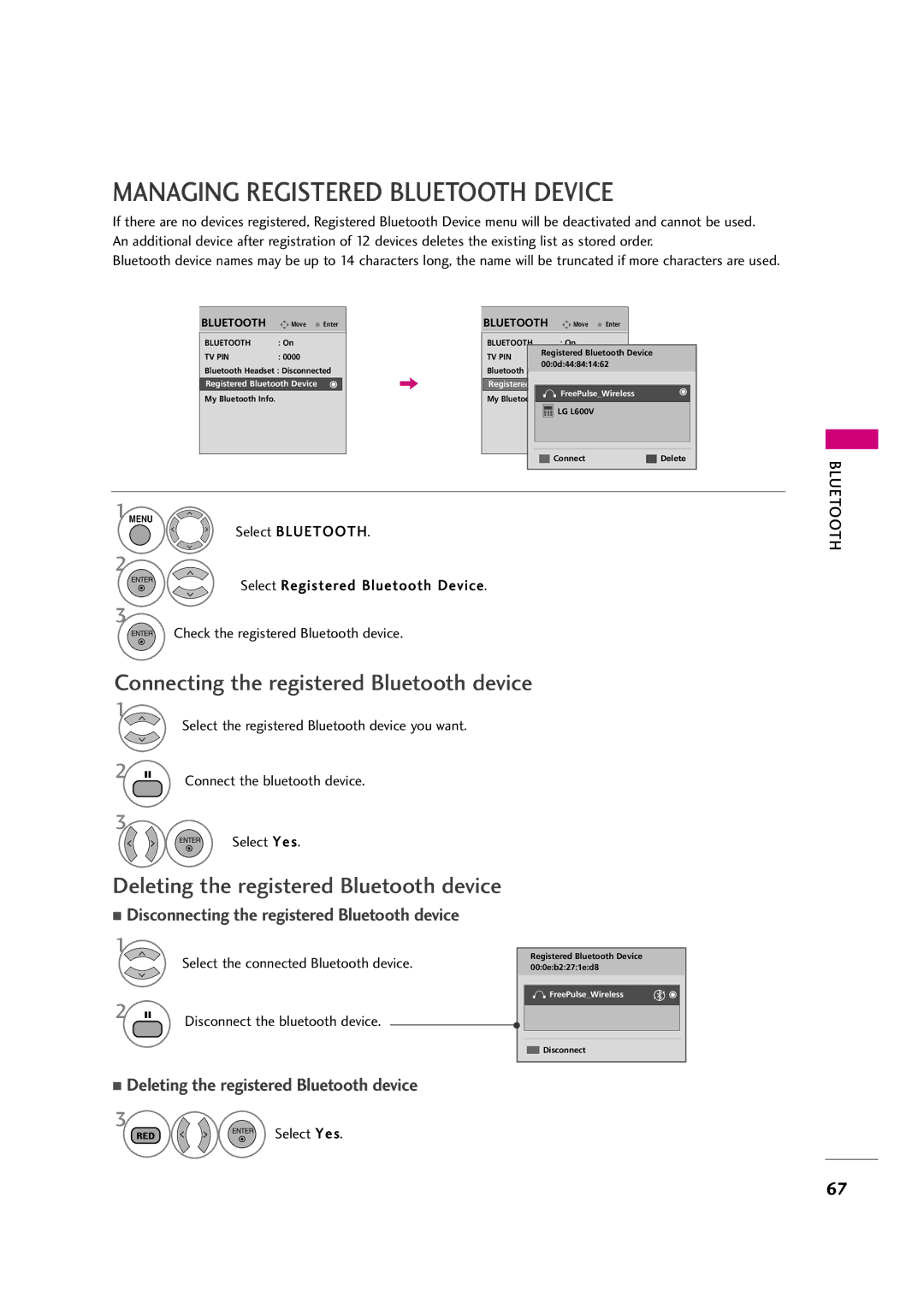 LG Electronics 47LH50YR, 42LF20FR Managing Registered Bluetooth Device, Select Registered Bluetooth Device, Select Yes 