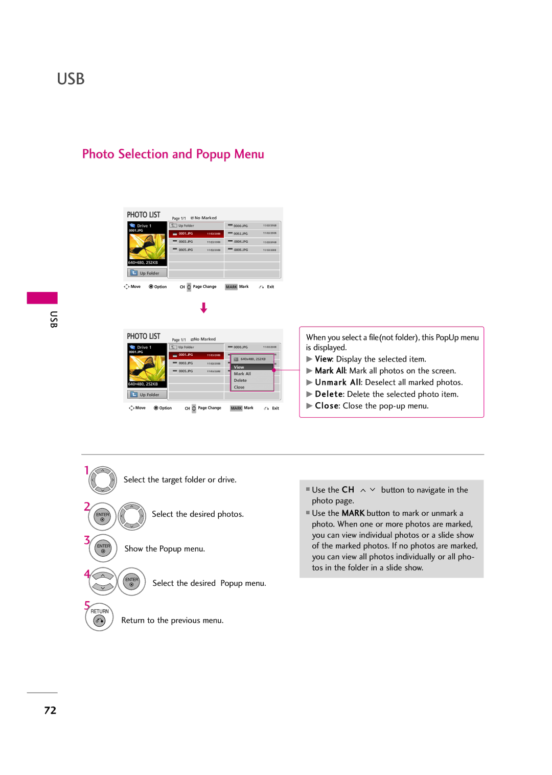 LG Electronics 37LH20R, 42LF20FR, 37LH30FR, 32LH30FR, 32LF20FR, 42LH50YR Select the desired photos, Show the Popup menu 