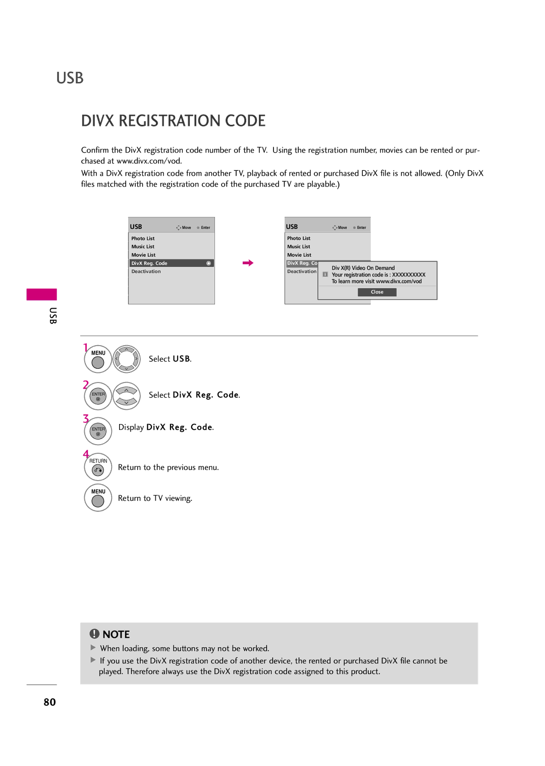 LG Electronics 42LF20FR, 37LH30FR, 37LH20R Divx Registration Code, Select DivX Reg Code Enter Display DivX Reg. Code 