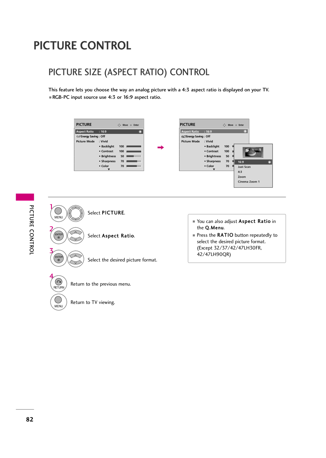 LG Electronics 37LH20R, 42LF20FR Picture Size Aspect Ratio Control, Picture Control, You can also adjust Aspect Ratio 