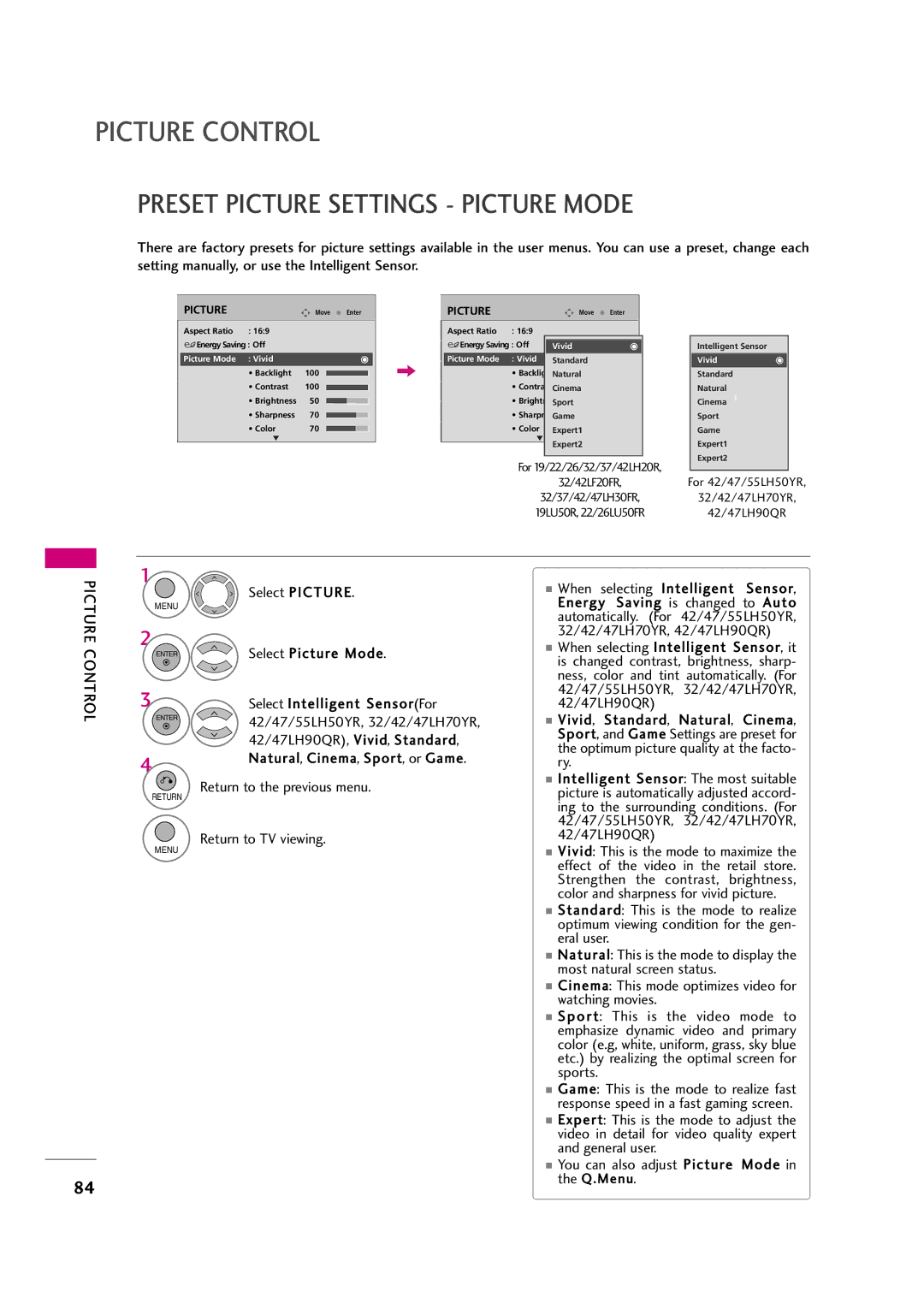 LG Electronics 32LF20FR, 42LF20FR, 37LH30FR, 37LH20R, 32LH30FR, 42LH50YR, 42LH30FR Preset Picture Settings Picture Mode 