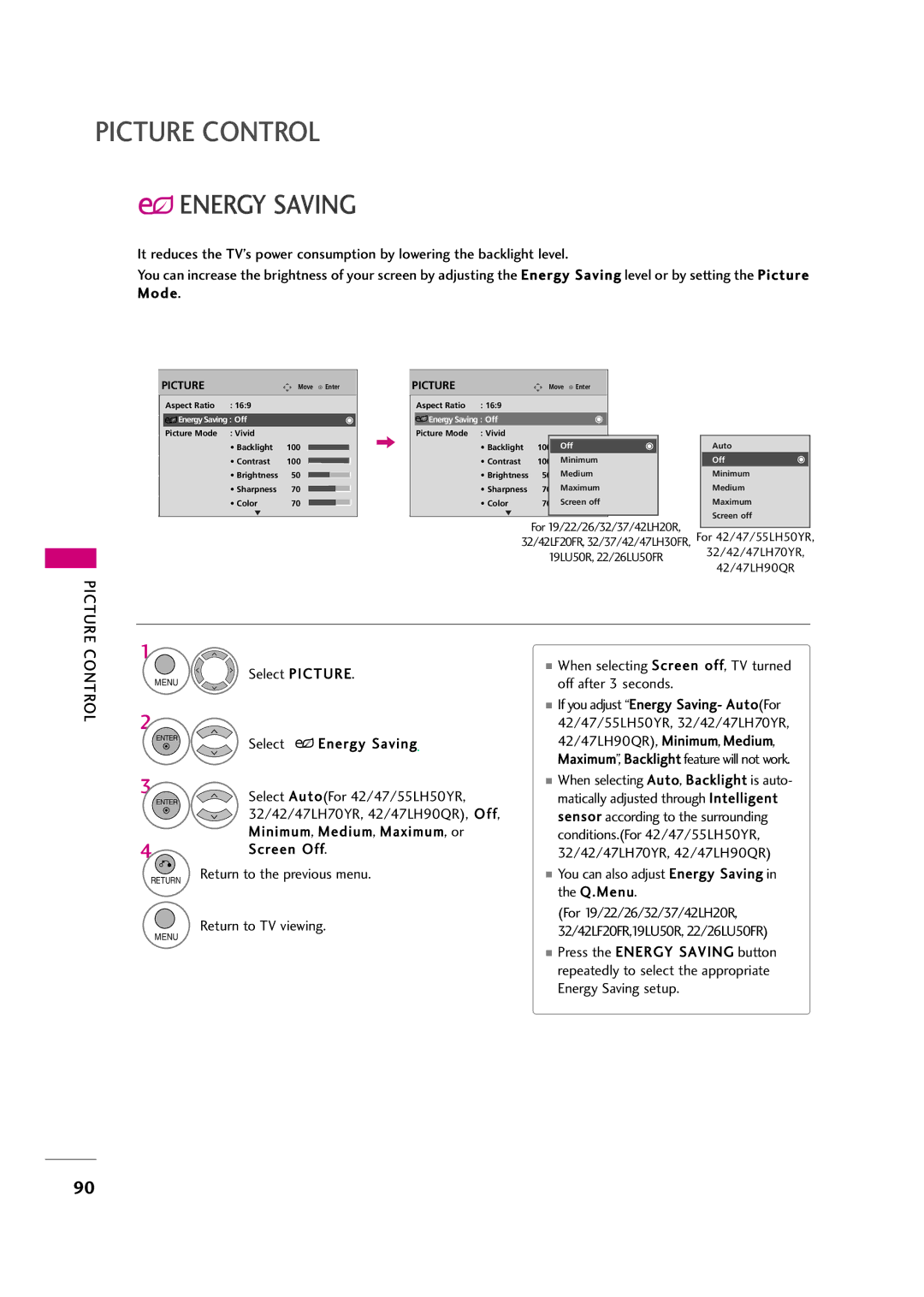 LG Electronics 42LF20FR, 37LH30FR, 37LH20R, 32LH30FR, 32LF20FR, 42LH50YR You can also adjust Energy Saving in the Q.Menu 