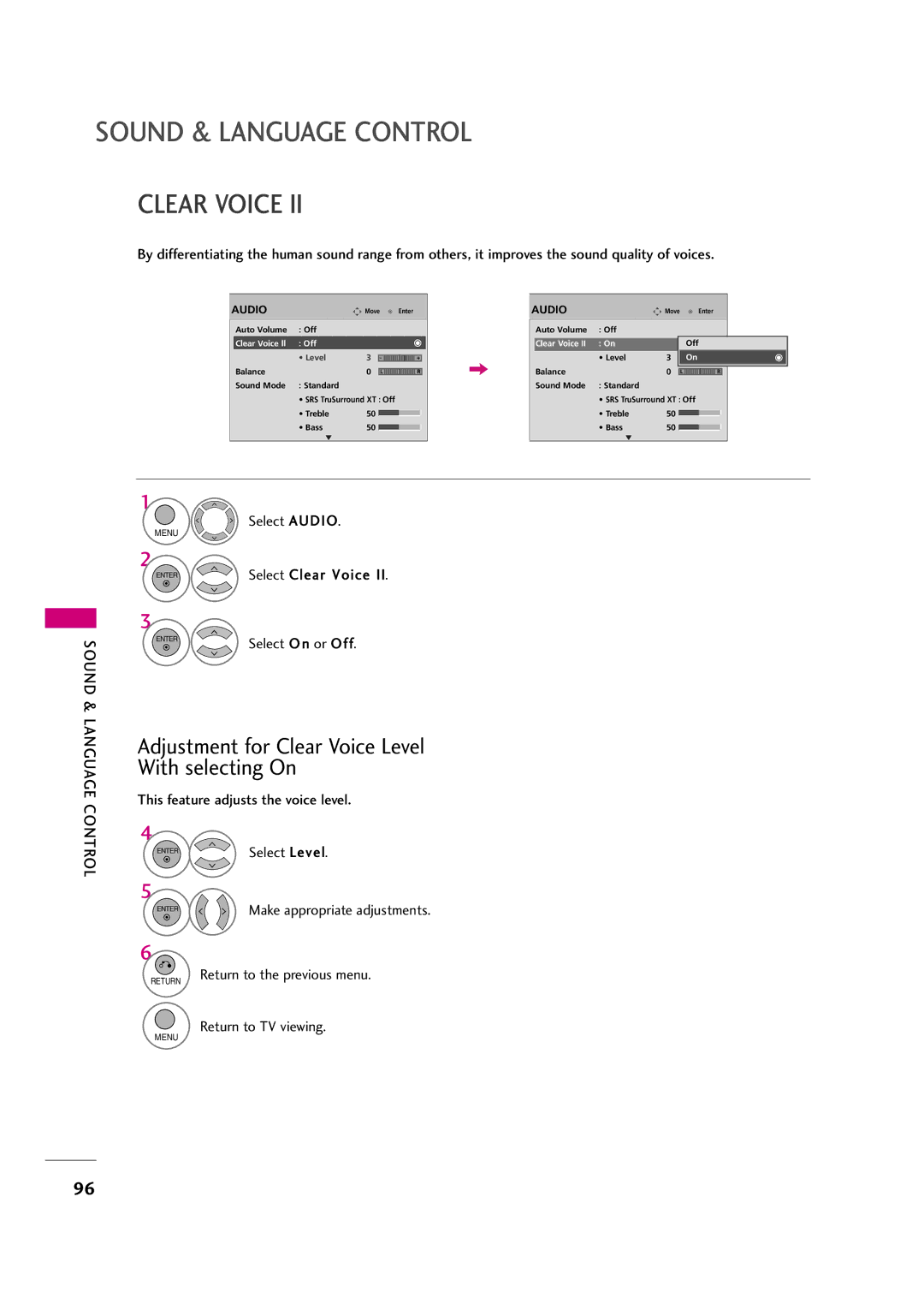 LG Electronics 42LH30FR, 42LF20FR, 37LH30FR Select Audio, Select Clear Voice, This feature adjusts the voice level 