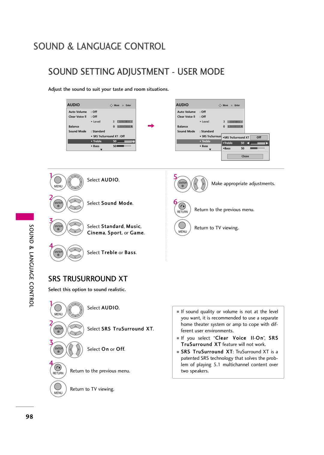 LG Electronics 47LH30FR Sound Setting Adjustment User Mode, Adjust the sound to suit your taste and room situations 