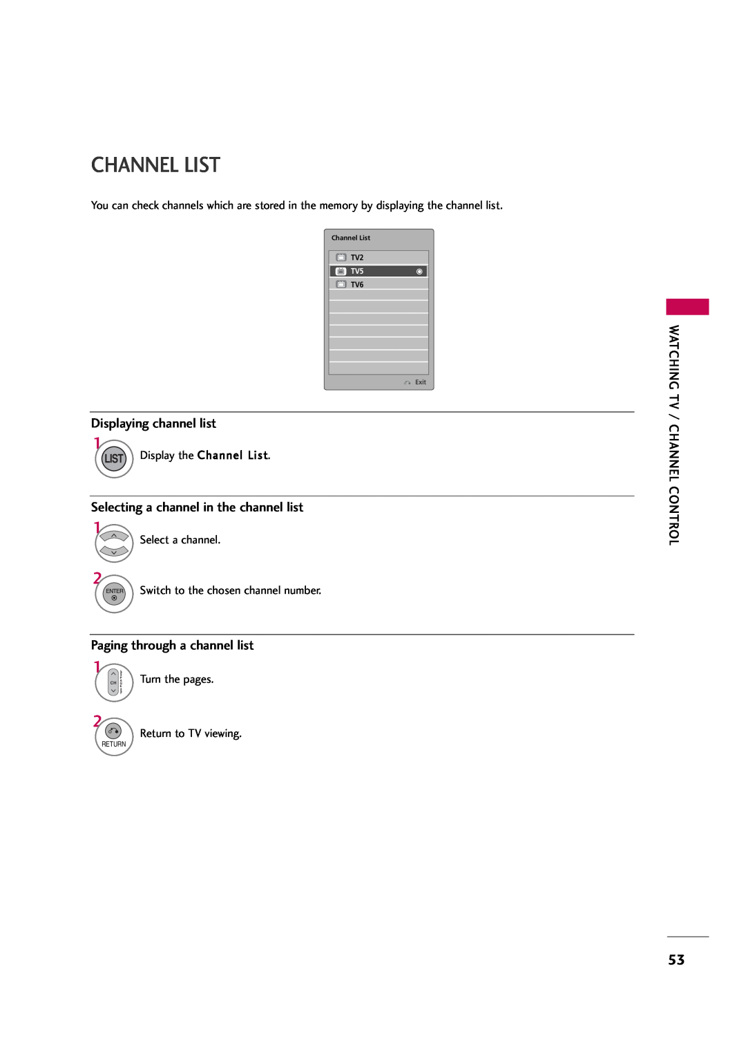 LG Electronics 32LH30FR Channel List, Displaying channel list, Selecting a channel in the channel list, Turn the pages 