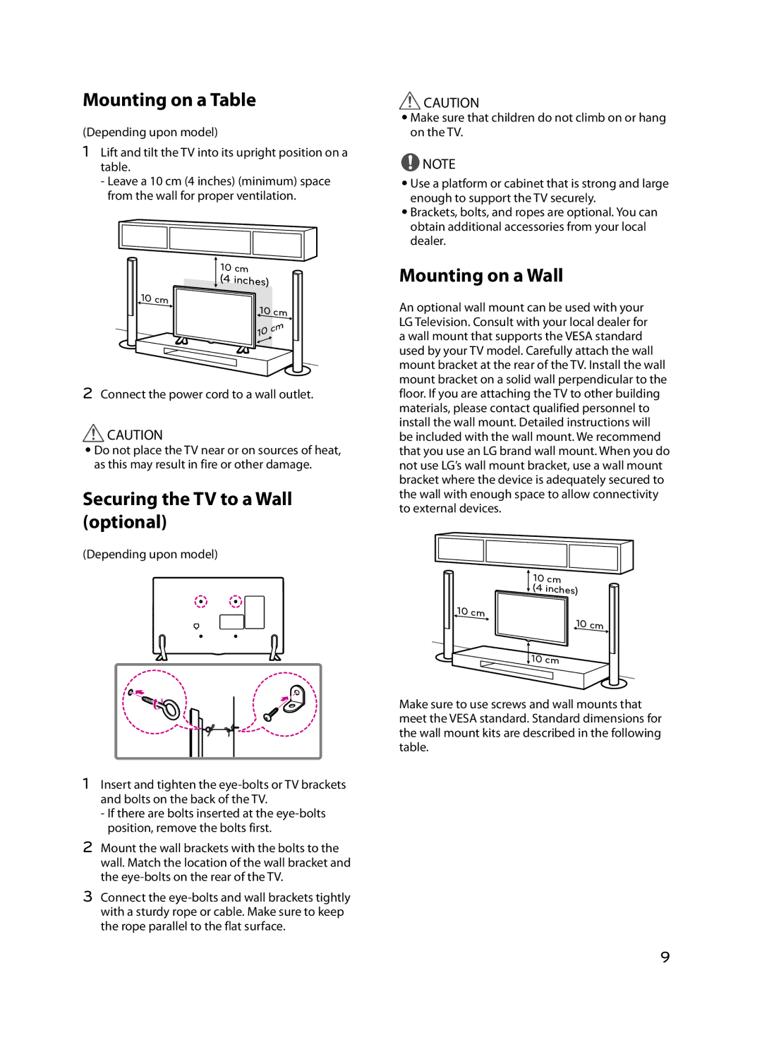 LG Electronics 42LF5600 owner manual Mounting on a Table, Securing the TV to a Wall optional, Mounting on a Wall 