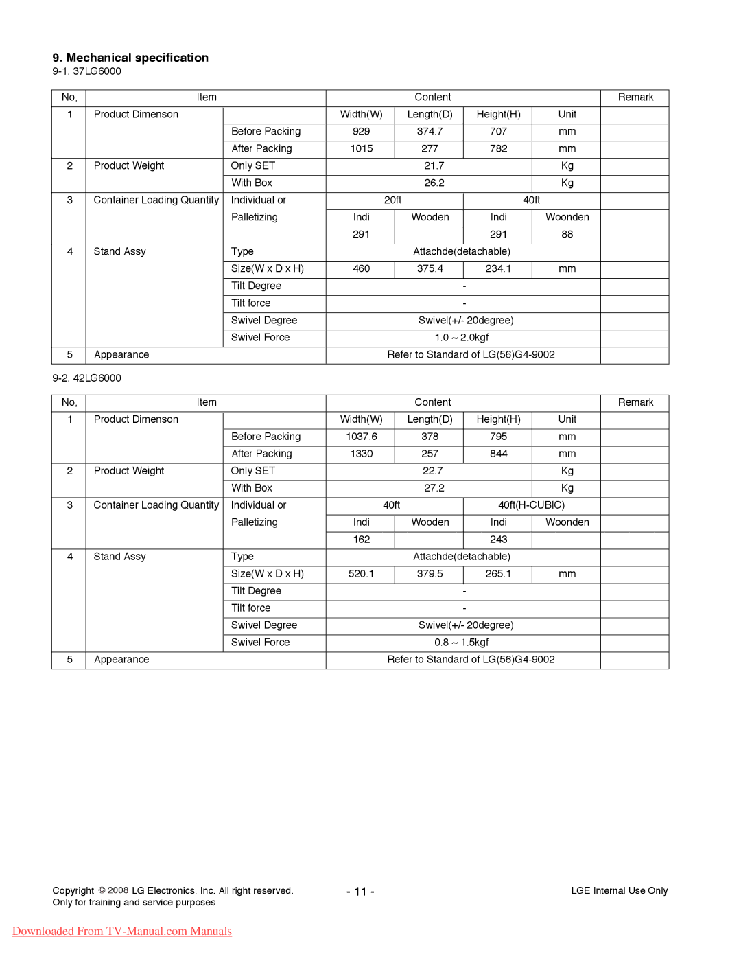 LG Electronics 42LG6000-ZA, 42LG6100-ZB service manual Mechanical specification 