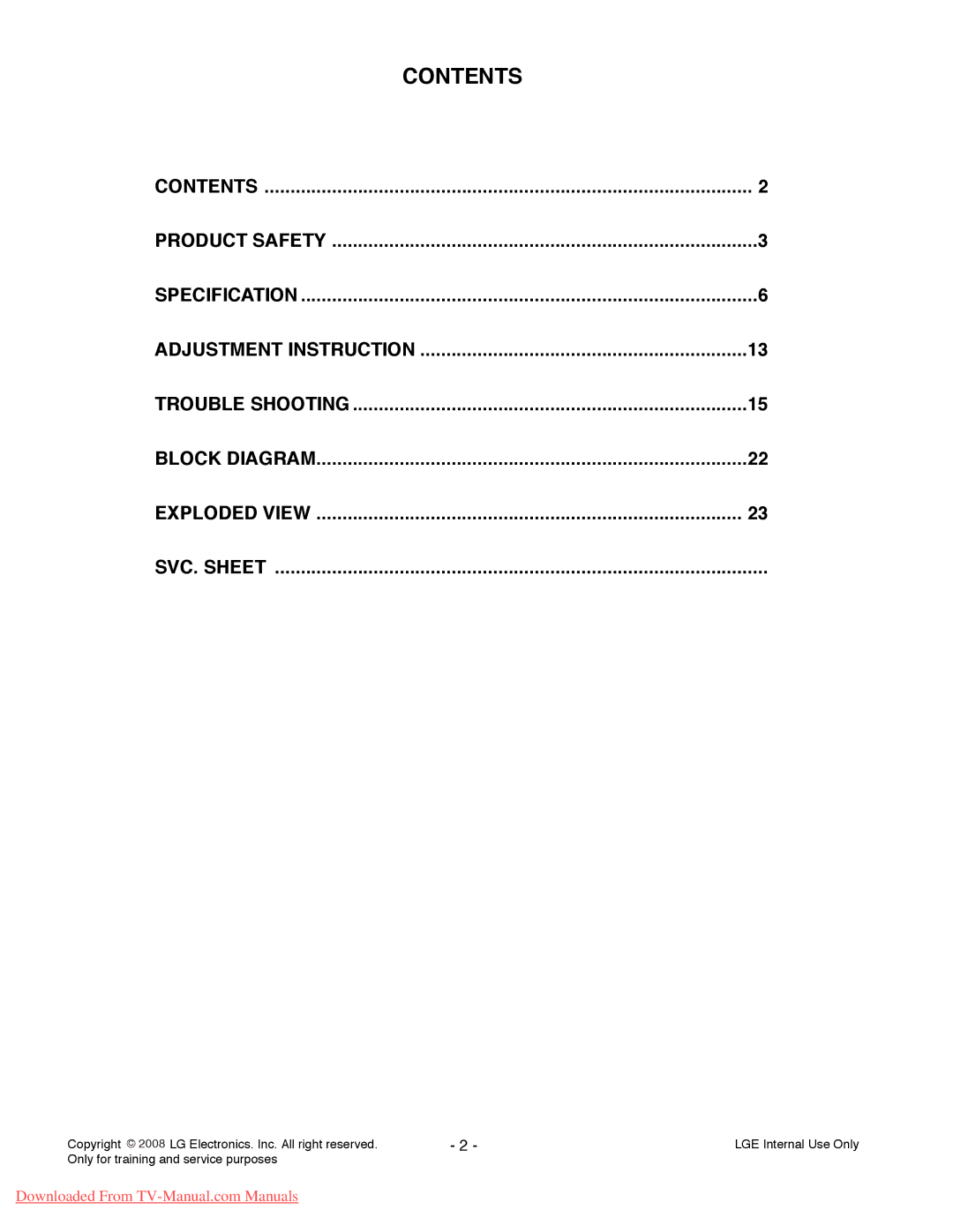 LG Electronics 42LG6100-ZB, 42LG6000-ZA service manual Contents 