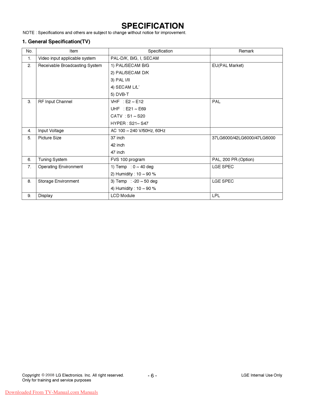 LG Electronics 42LG6100-ZB, 42LG6000-ZA service manual General SpecificationTV 