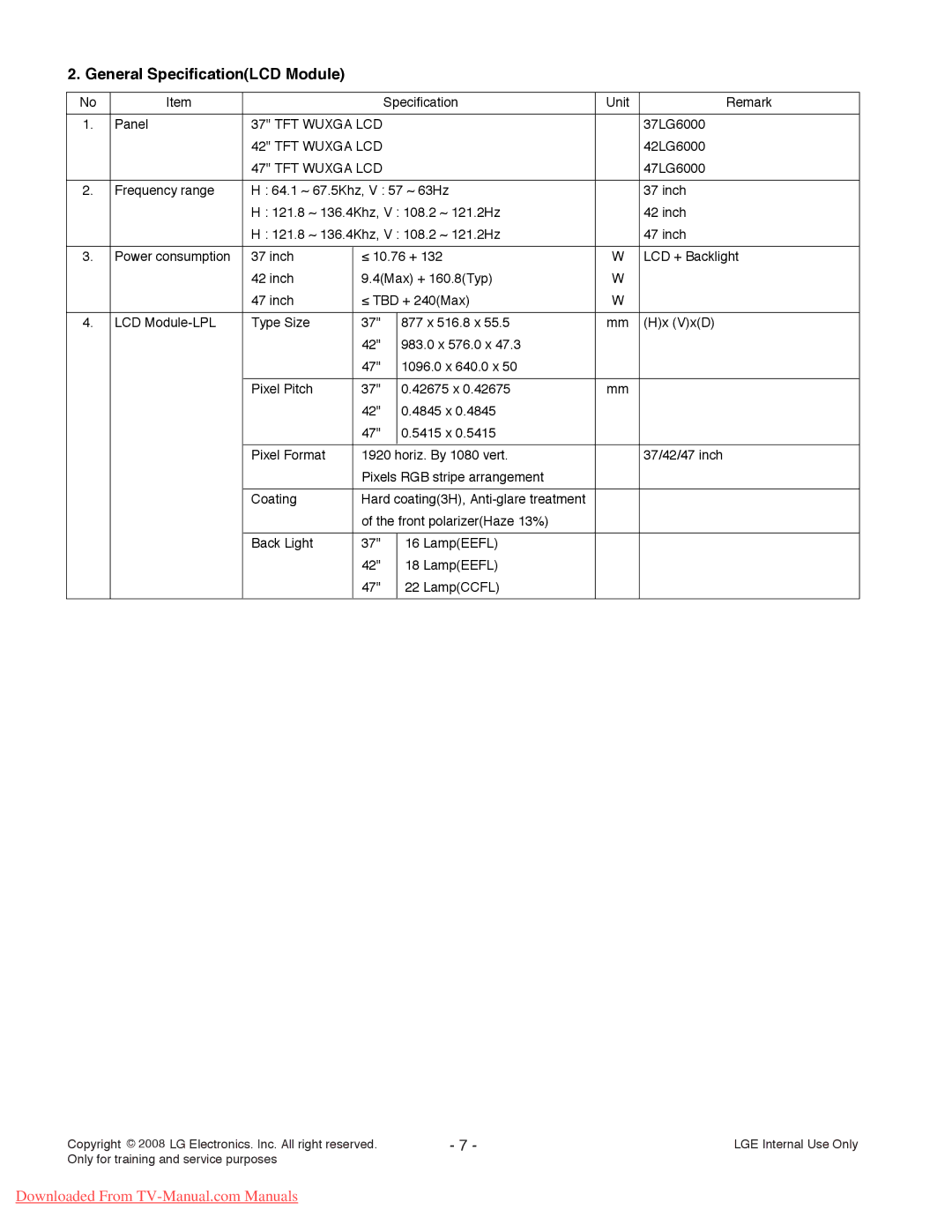 LG Electronics 42LG6000-ZA, 42LG6100-ZB service manual General SpecificationLCD Module 