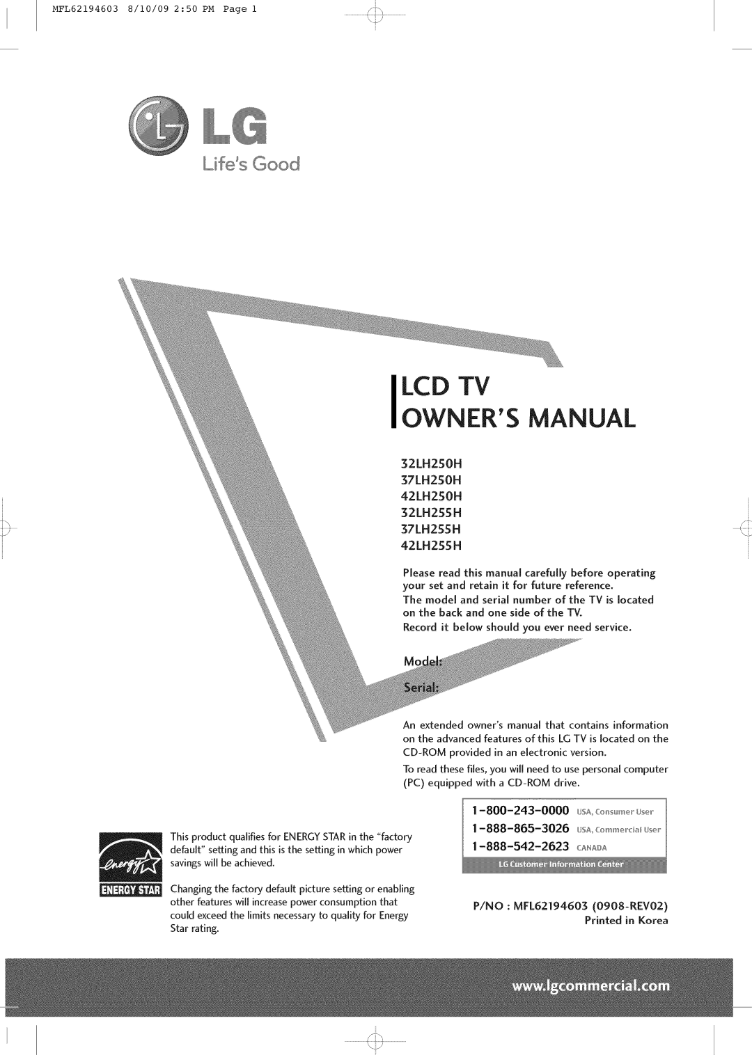 LG Electronics owner manual Lcd Tv, 32LH250H 37LH250H 42LH250H 32LH255H 37LH255H 42LH255H 