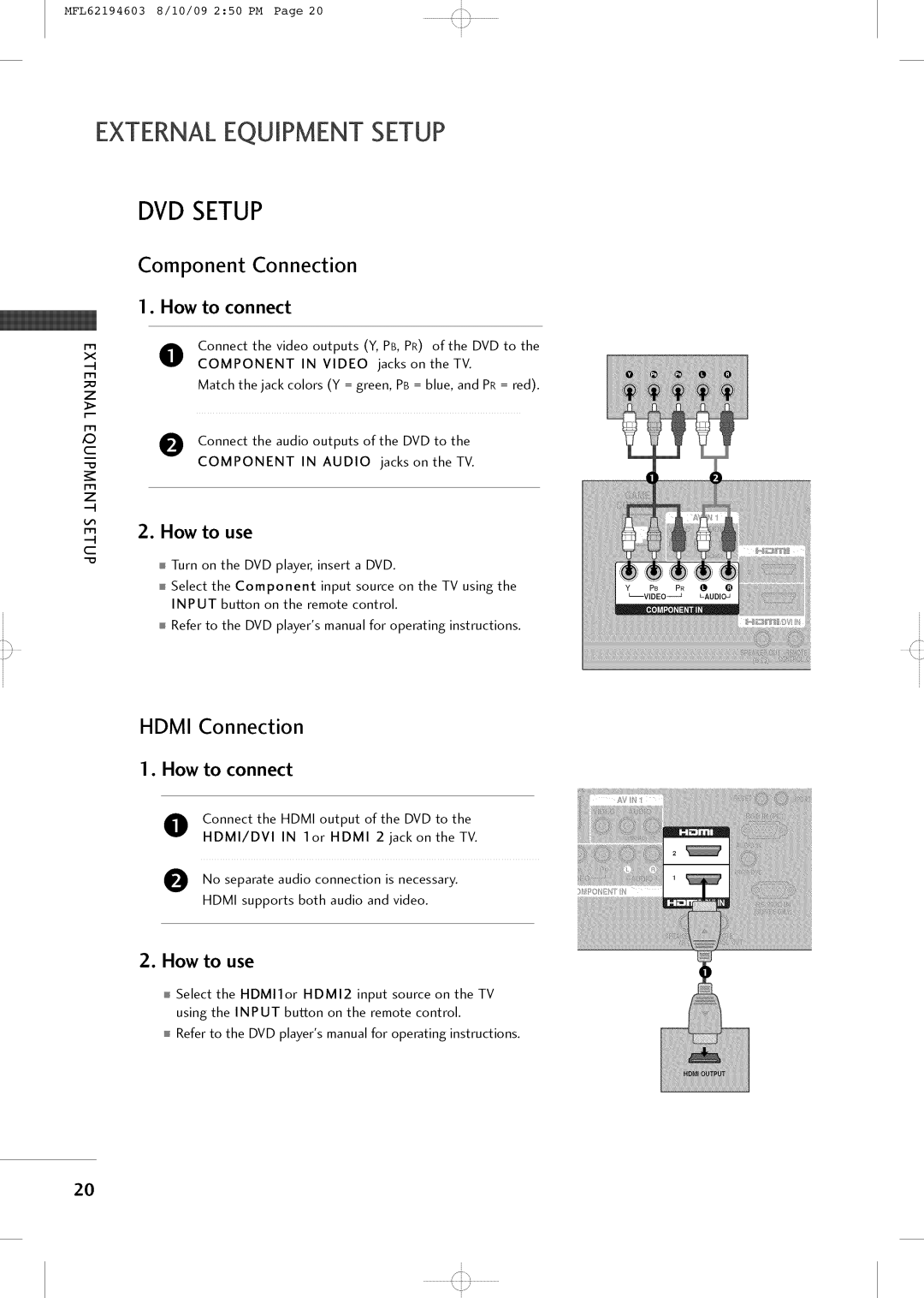 LG Electronics 42LH250H owner manual DVD Setup, Component Connection, Hdmi Connection 