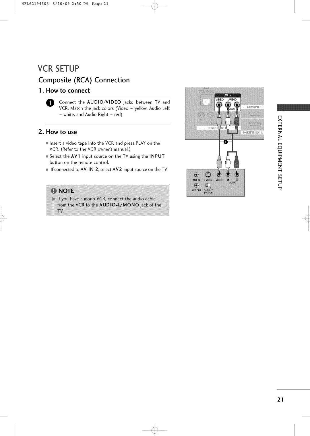 LG Electronics 42LH250H owner manual YCR Setup, Composite RCA Connection 