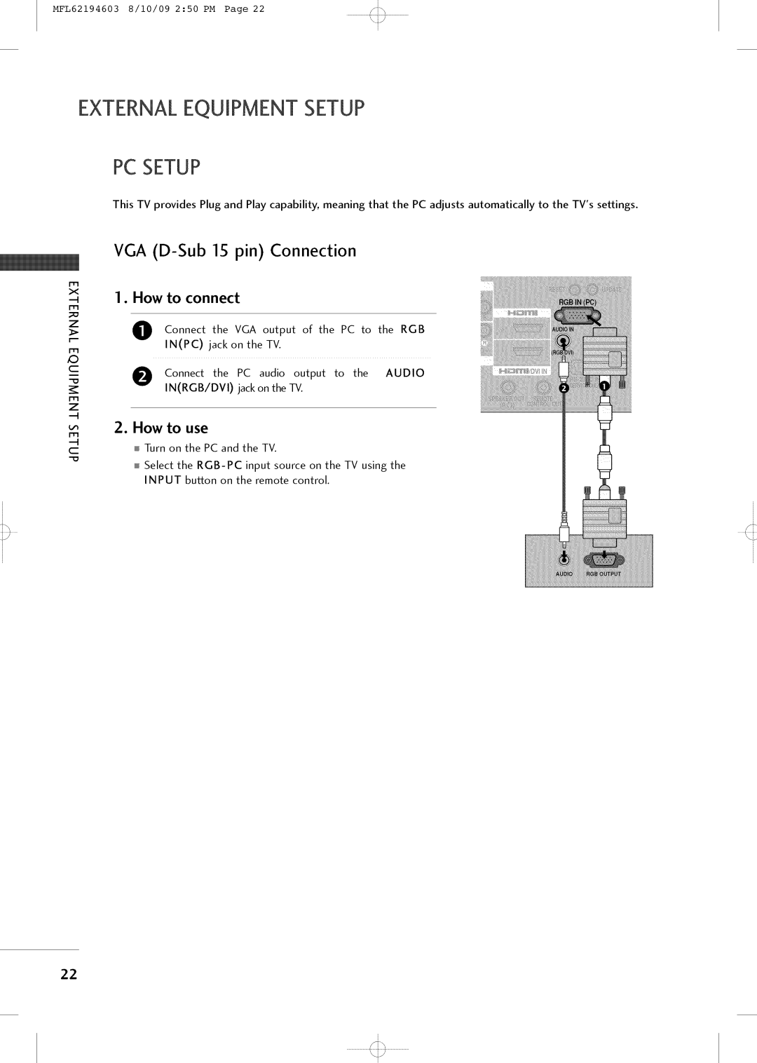 LG Electronics 42LH250H owner manual PC Setup, VGA D-Sub15 pin Connection 