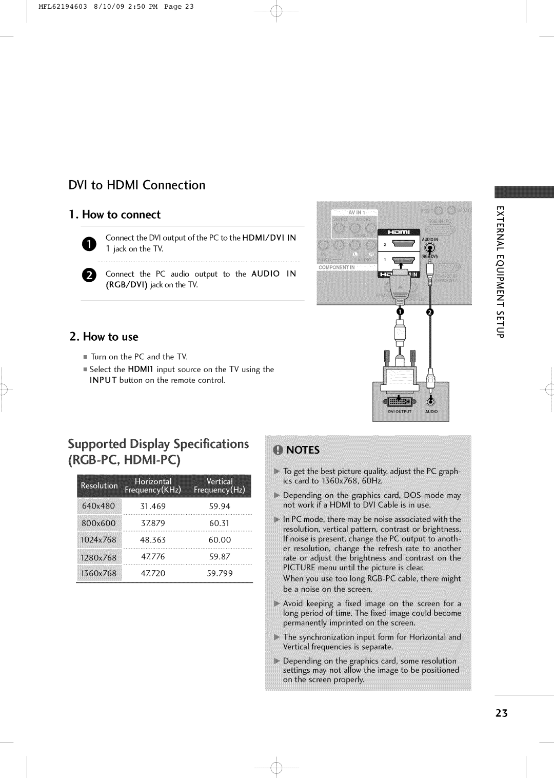 LG Electronics 42LH250H owner manual DVI to Hdmi Connection, Supported Display Specifications 