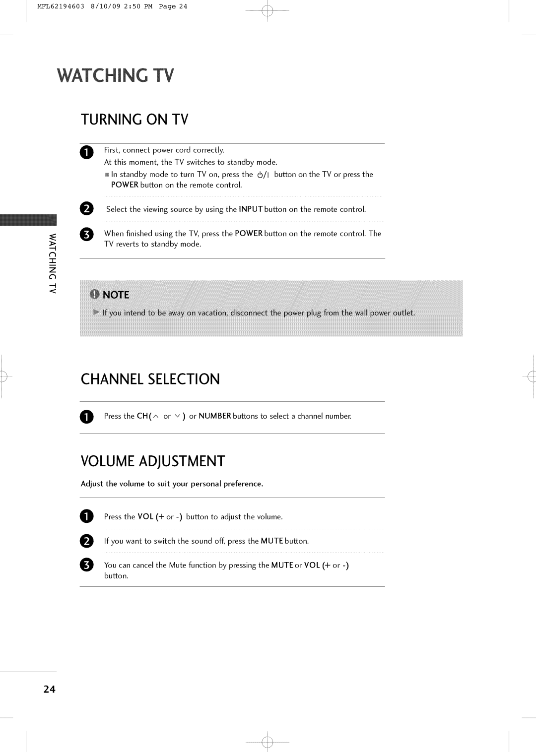 LG Electronics 42LH250H owner manual Turning on TV, Channel Selection, Volume Adjustment 