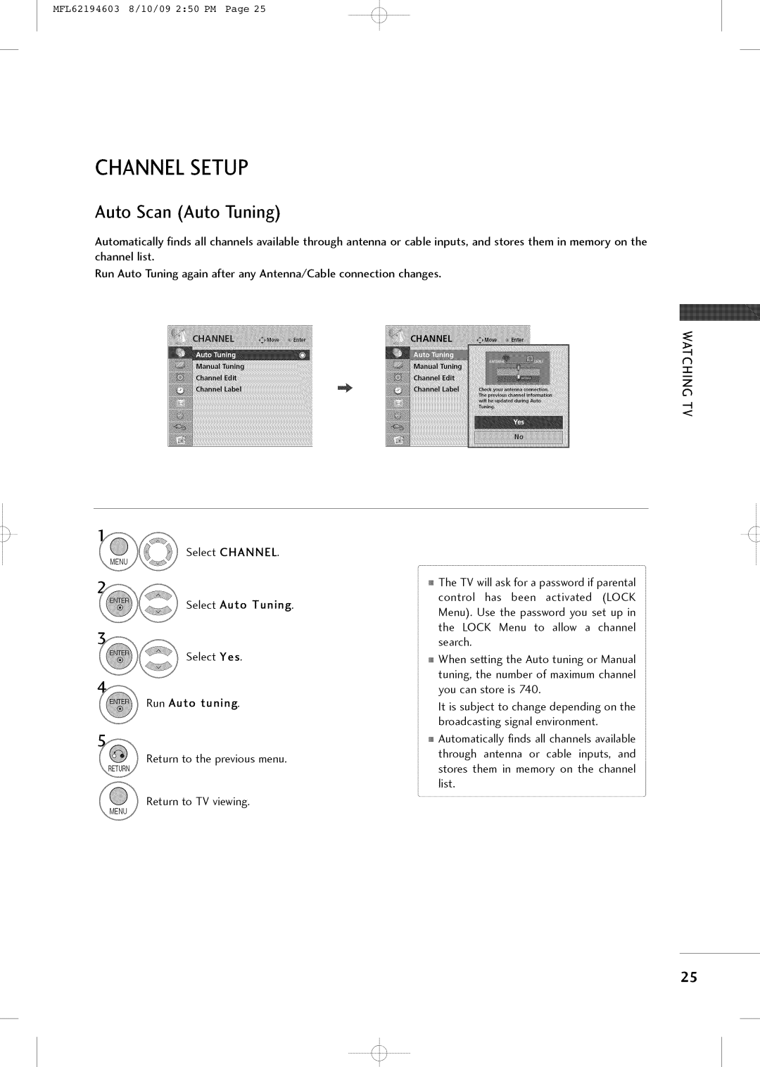 LG Electronics 42LH250H owner manual Channel Setup, Auto Scan Auto Tuning 