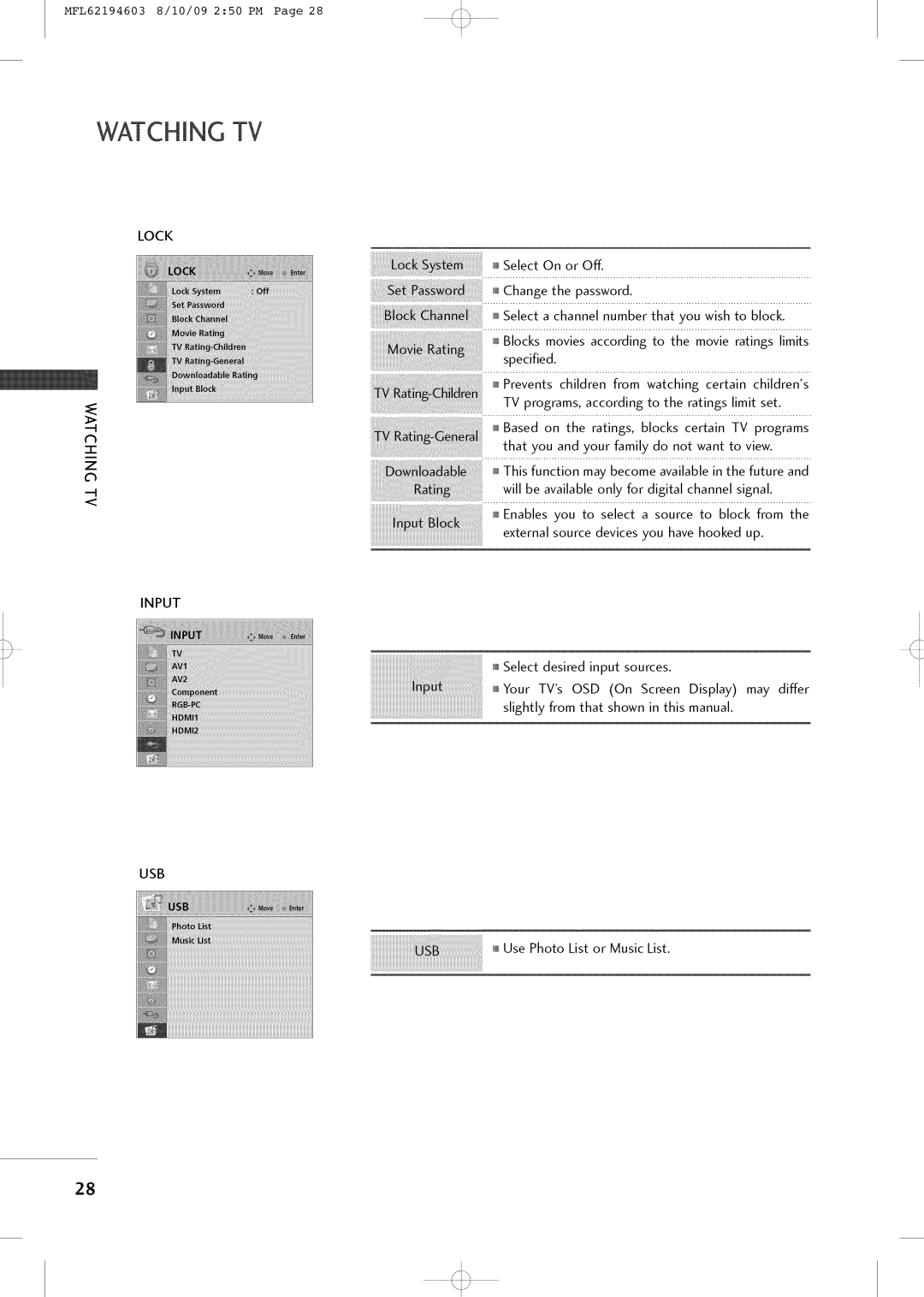 LG Electronics 42LH250H owner manual Lock, Input 