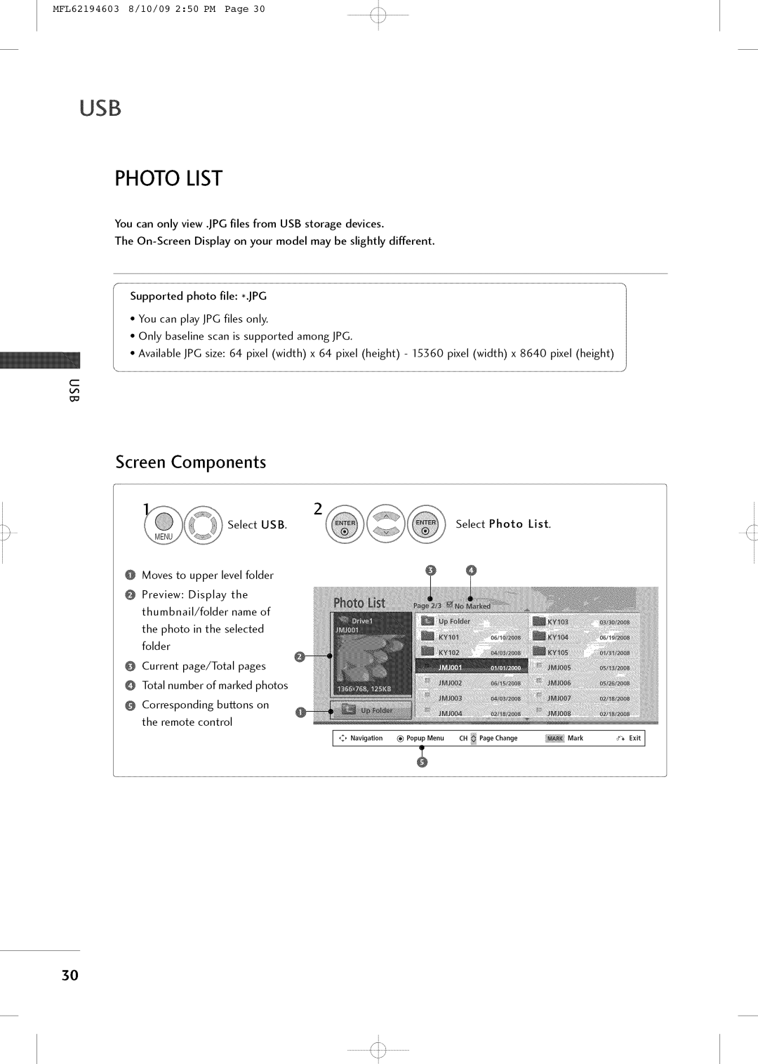 LG Electronics 42LH250H owner manual Photo List, Screen Components 