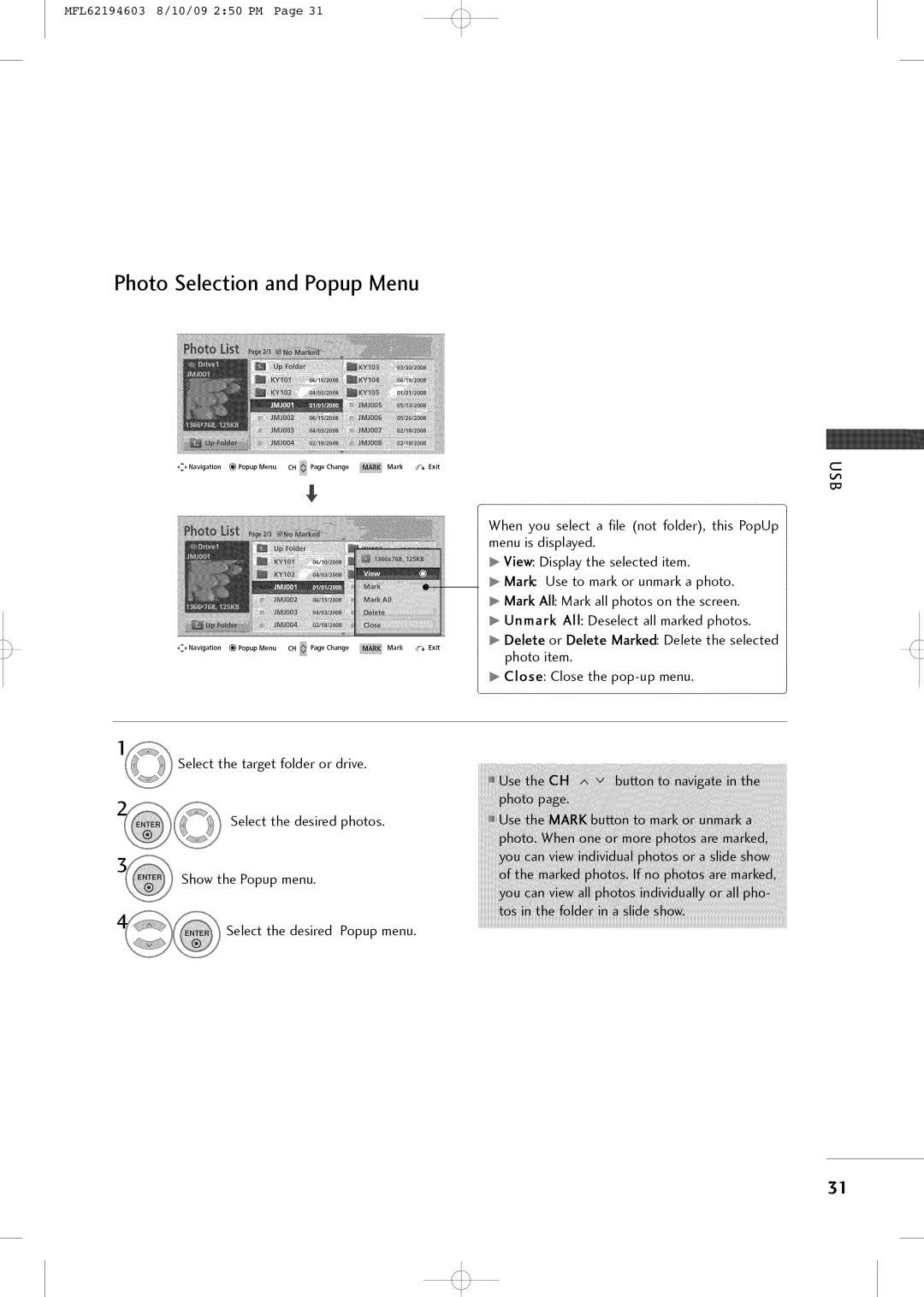 LG Electronics 42LH250H owner manual Photo Selection and Popup Menu 