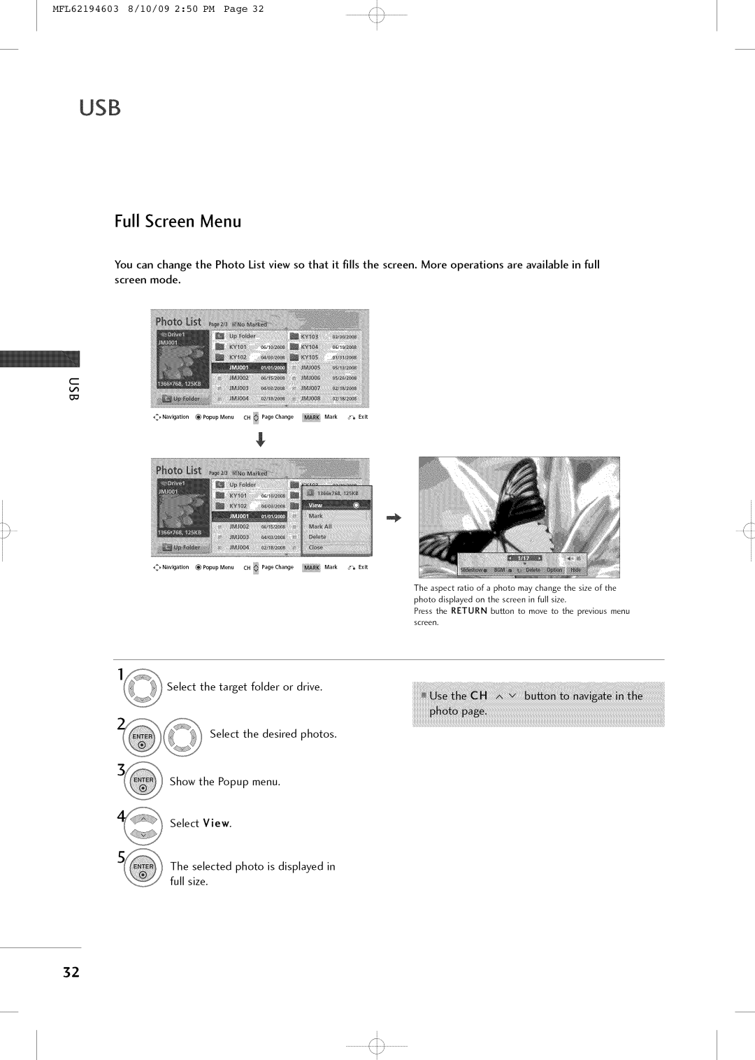 LG Electronics 42LH250H owner manual Full Screen Menu, Selected photo is displayed in full size 