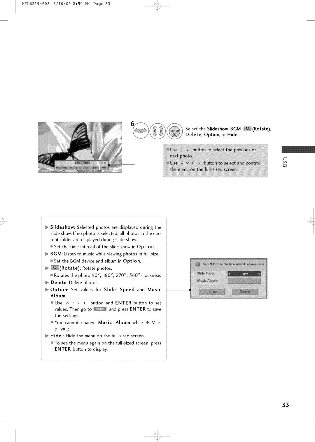 LG Electronics 42LH250H owner manual Select the Slideshow, BGM, Rotate Delete, Option, or Hide, Enter 