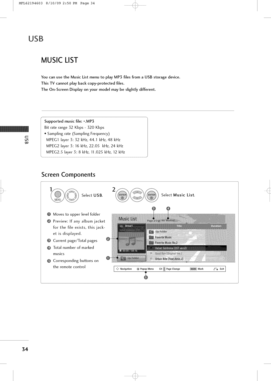 LG Electronics 42LH250H owner manual Music List, Screen Components 