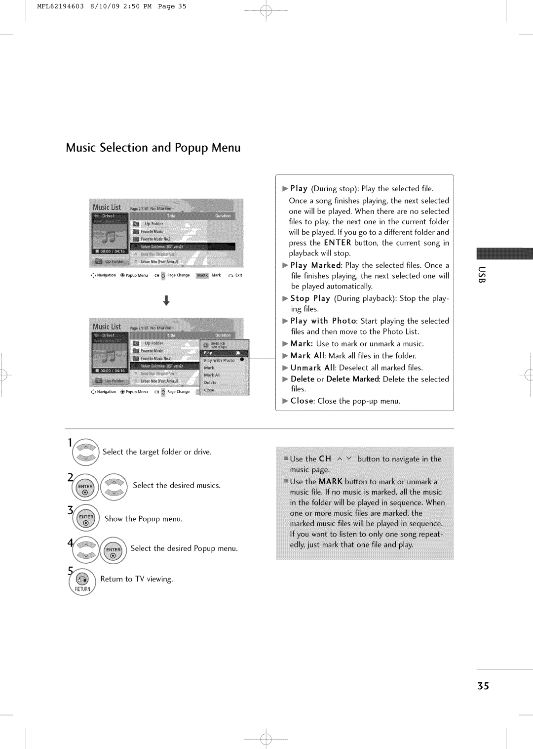 LG Electronics 42LH250H owner manual Music Selection and Popup Menu 