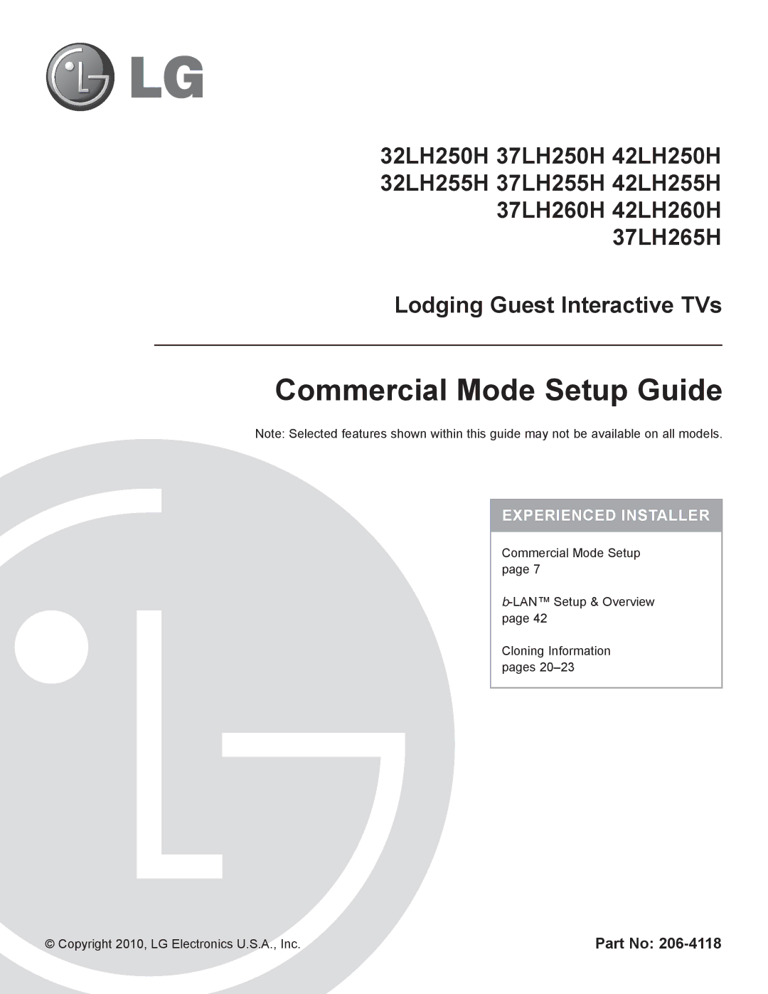 LG Electronics 42LH260H, 42LH255H setup guide Commercial Mode Setup Guide, Copyright 2010, LG Electronics U.S.A., Inc 