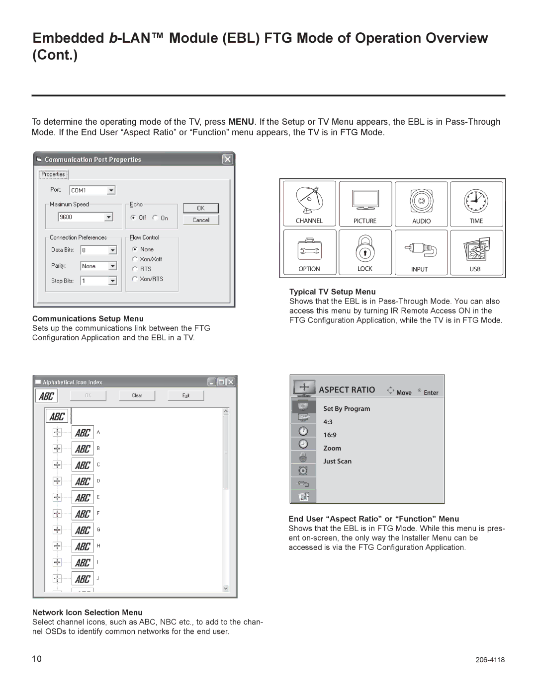 LG Electronics 42LH260H, 42LH255H Communications Setup Menu, Typical TV Setup Menu, End User Aspect Ratio or Function Menu 