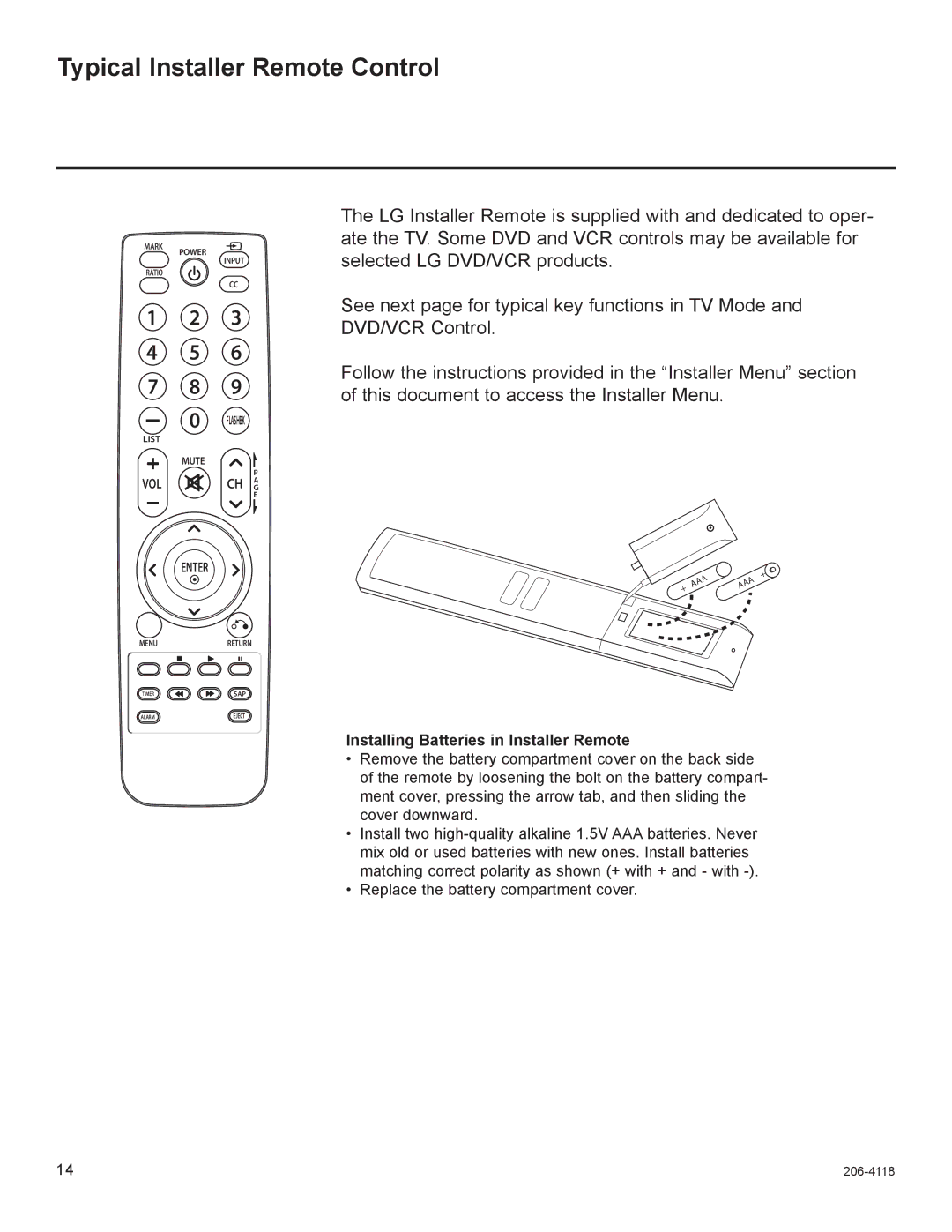 LG Electronics 37LH255H Typical Installer Remote Control, Installing Batteries in Installer Remote, VOL CH AG Enter 