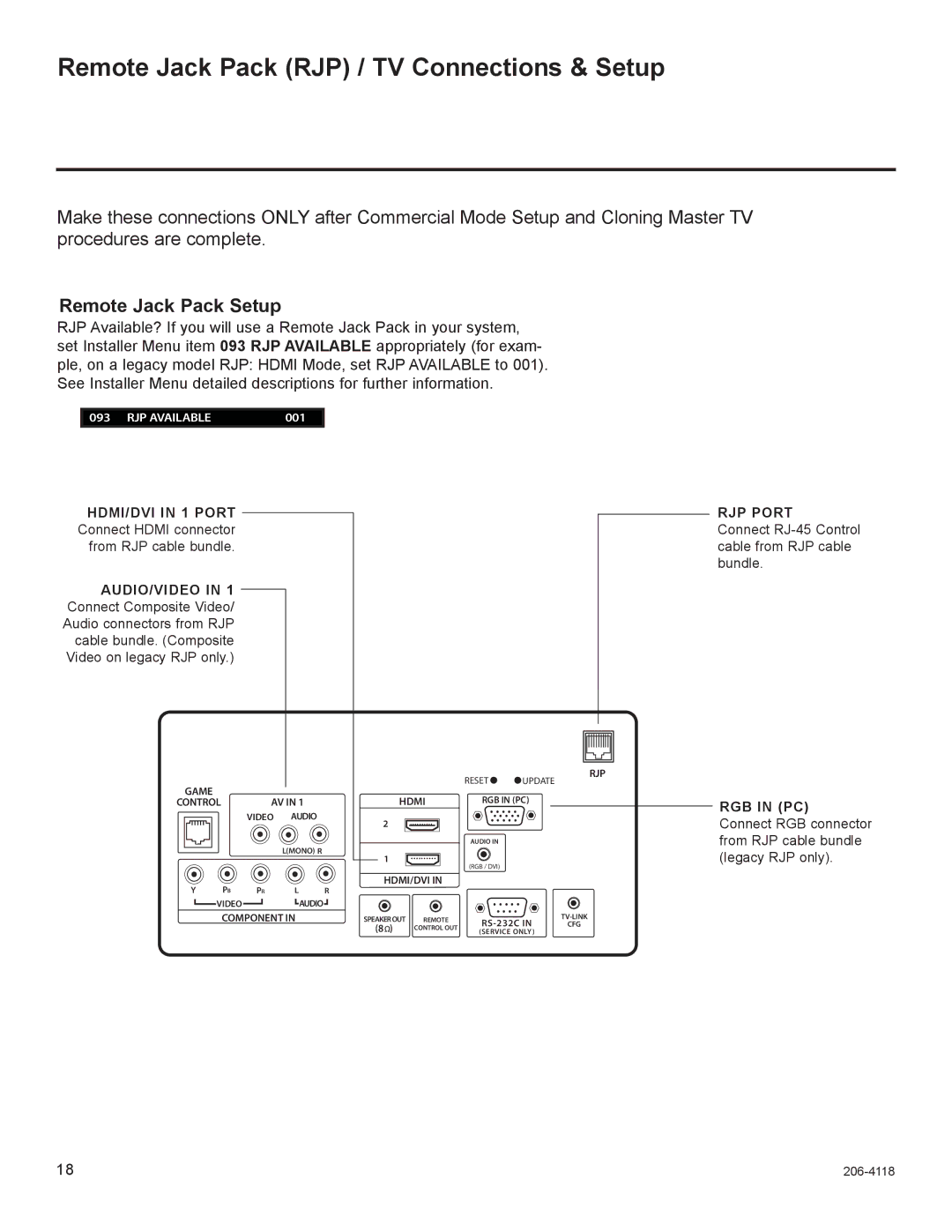 LG Electronics 42LH255H, 42LH260H, 42LH250H, 37LH250H Remote Jack Pack RJP / TV Connections & Setup, Remote Jack Pack Setup 