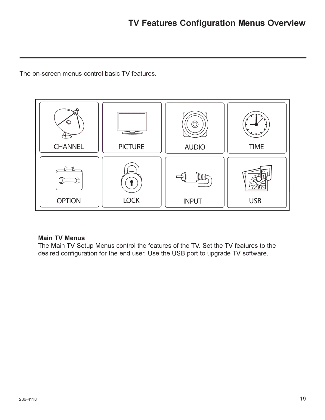 LG Electronics 42LH260H, 42LH255H, 42LH250H, 37LH250H, 37LH260H TV Features Configuration Menus Overview, Main TV Menus 