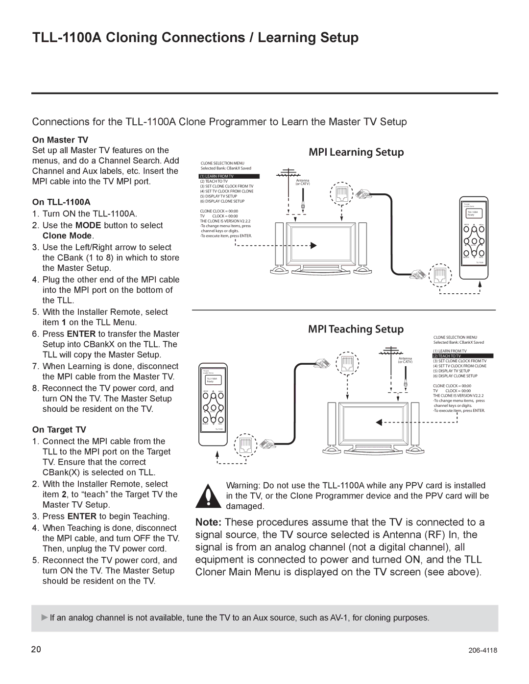 LG Electronics 42LH250H, 42LH255H TLL-1100A Cloning Connections / Learning Setup, On Master TV, On TLL-1100A, Clone Mode 