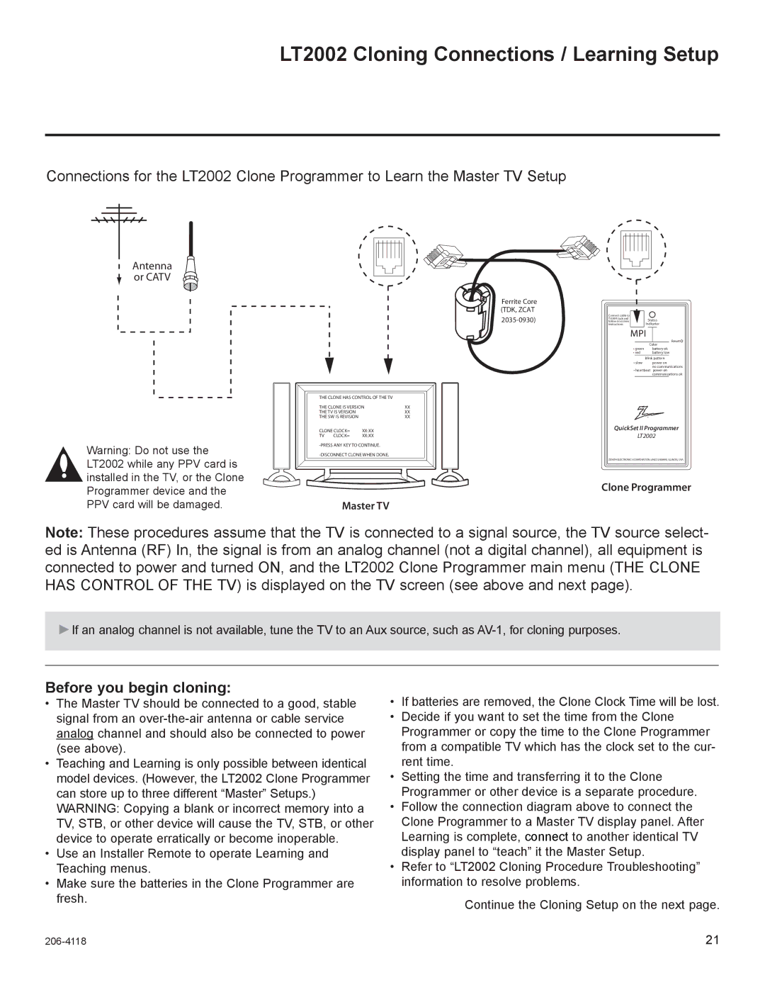 LG Electronics 37LH250H LT2002 Cloning Connections / Learning Setup, Before you begin cloning, Master TV, Clone Programmer 