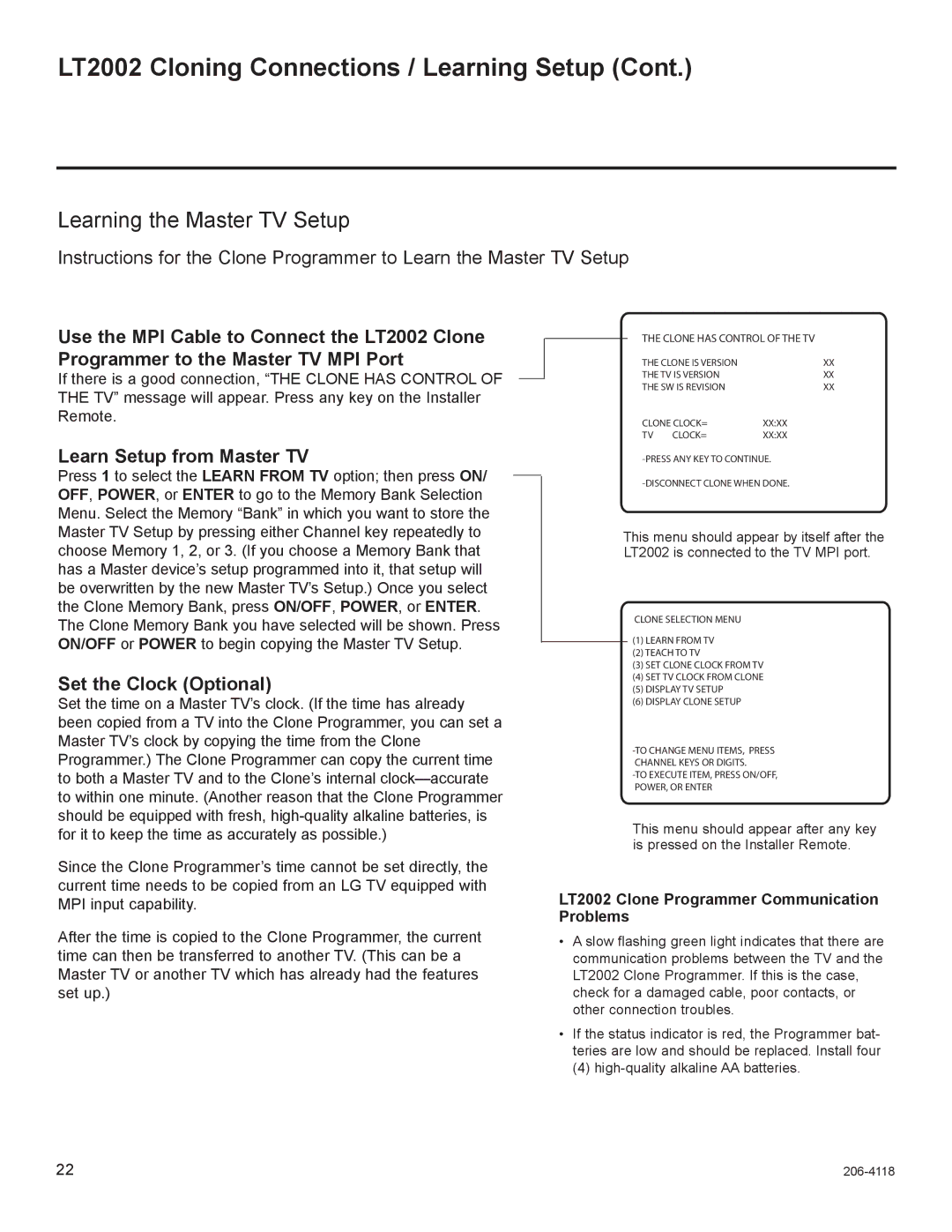 LG Electronics 37LH260H Learn Setup from Master TV, Set the Clock Optional, LT2002 Clone Programmer Communication Problems 