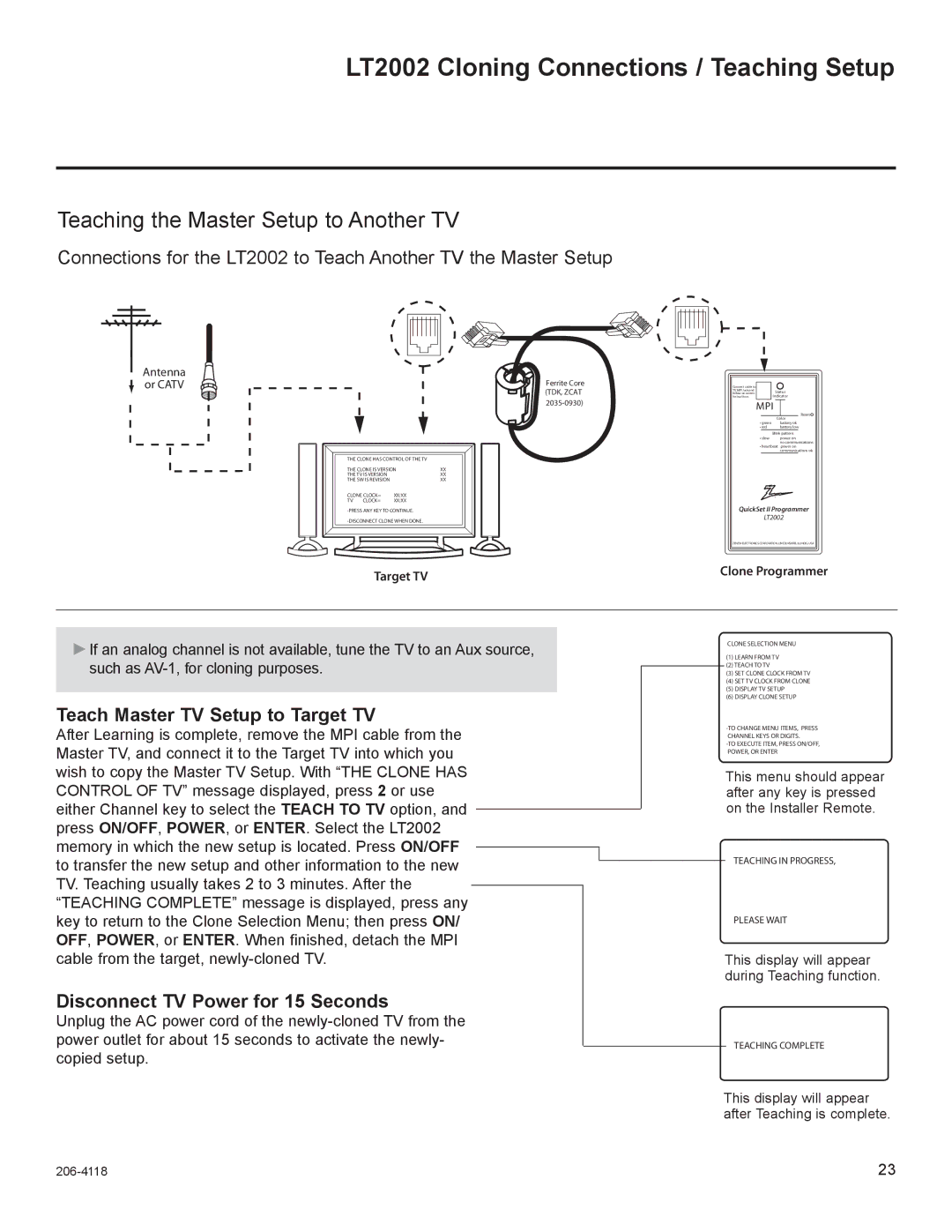 LG Electronics 37LH255H, 42LH255H, 42LH260H LT2002 Cloning Connections / Teaching Setup, Teach Master TV Setup to Target TV 