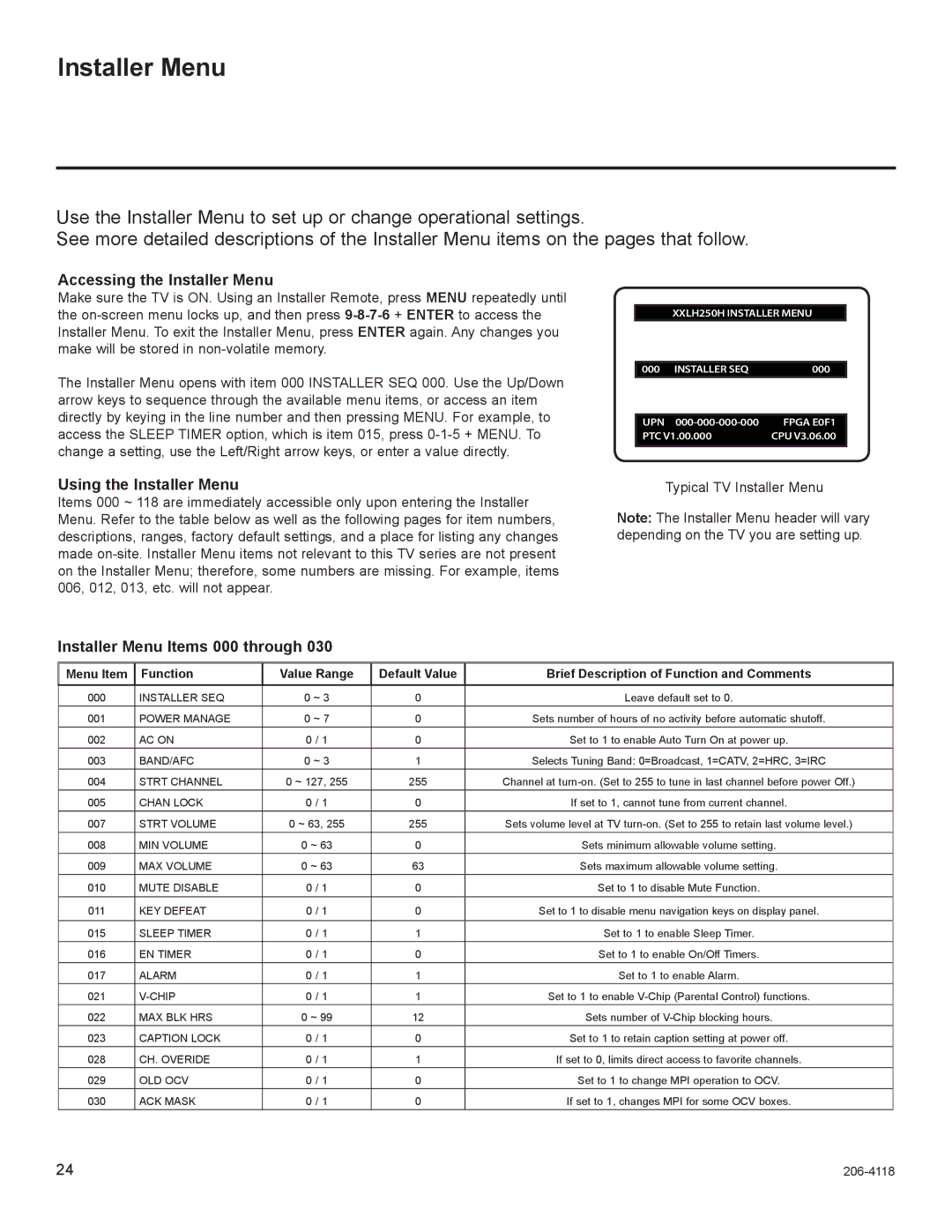 LG Electronics 37LH265H Accessing the Installer Menu, Using the Installer Menu, Installer Menu Items 000 through 