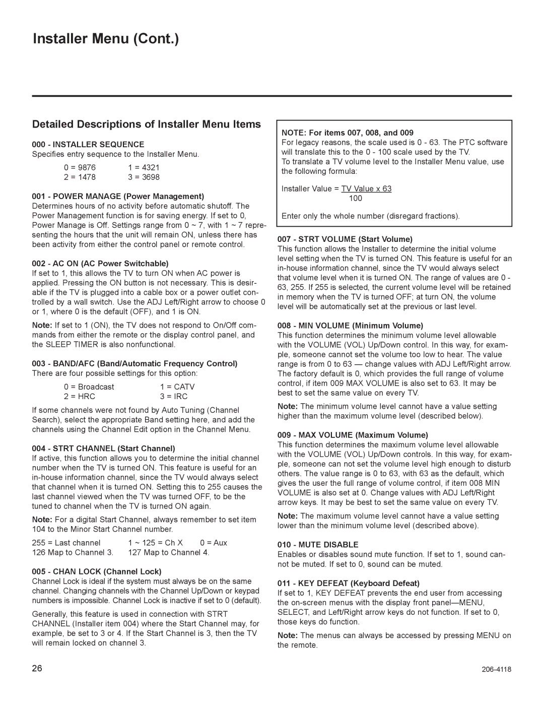 LG Electronics 32LH255H, 42LH255H, 42LH260H Detailed Descriptions of Installer Menu Items, Installer Sequence, Mute Disable 