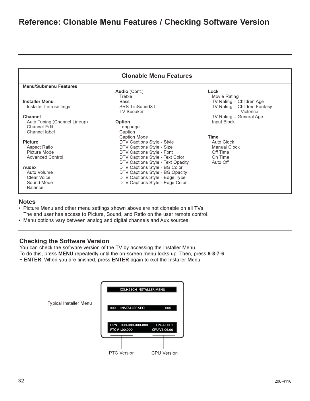 LG Electronics 37LH255H, 42LH255H, 42LH260H, 42LH250H, 37LH250H Clonable Menu Features, Checking the Software Version 