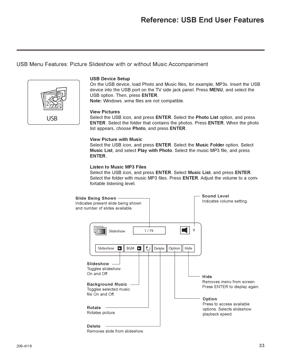 LG Electronics 37LH265H, 42LH255H, 42LH260H Reference USB End User Features, USB Device Setup, View Picture with Music 