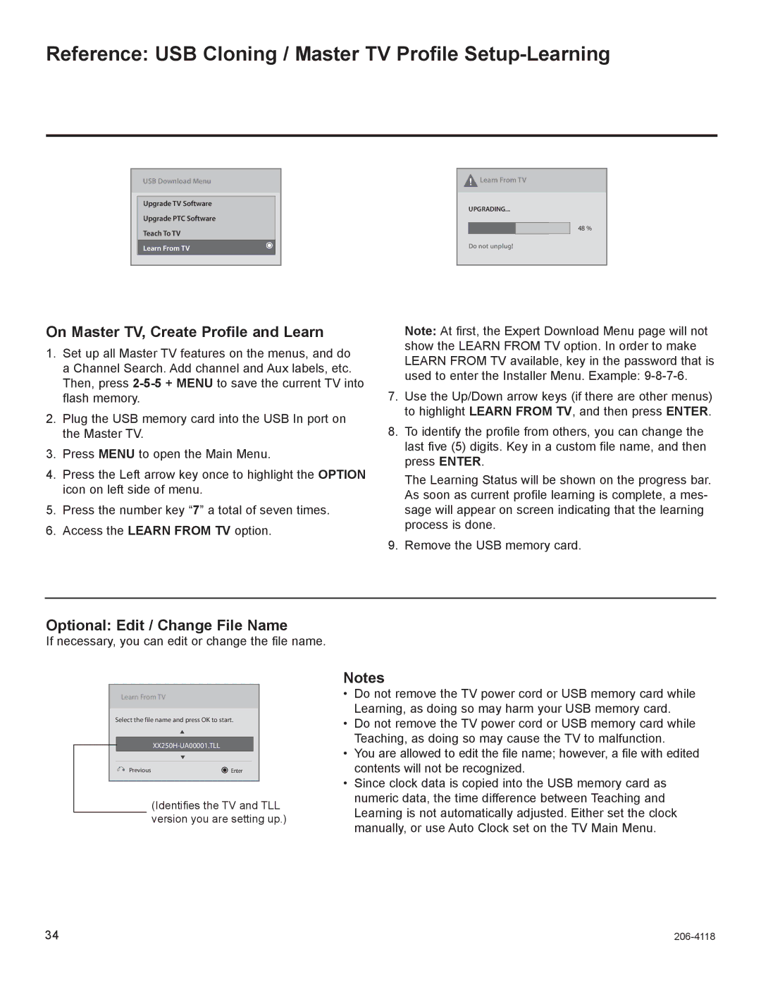 LG Electronics 32LH250H Reference USB Cloning / Master TV Profile Setup-Learning, On Master TV, Create Profile and Learn 