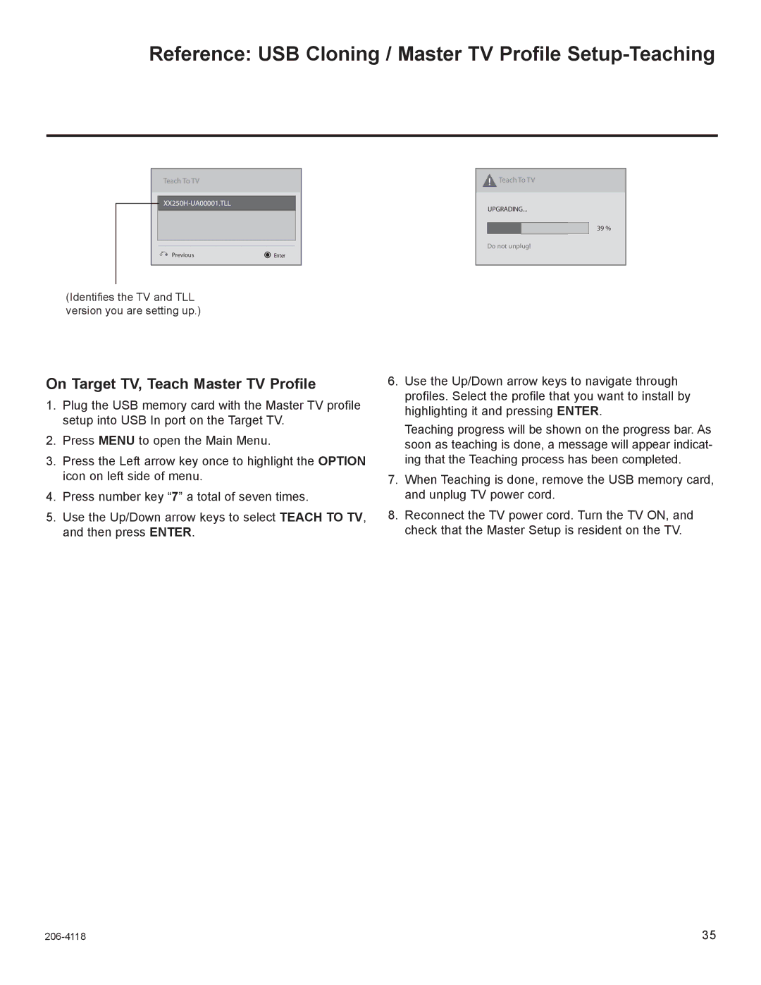 LG Electronics 32LH255H Reference USB Cloning / Master TV Profile Setup-Teaching, On Target TV, Teach Master TV Profile 