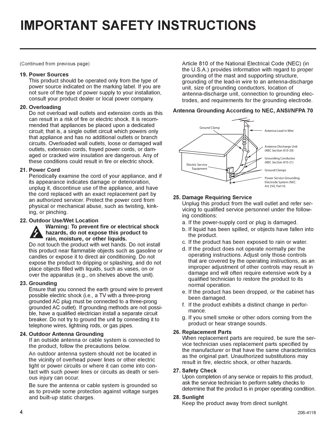 LG Electronics 37LH260H, 42LH255H, 42LH260H, 42LH250H, 37LH250H Power Sources, Antenna Grounding According to NEC, ANSI/NFPA 