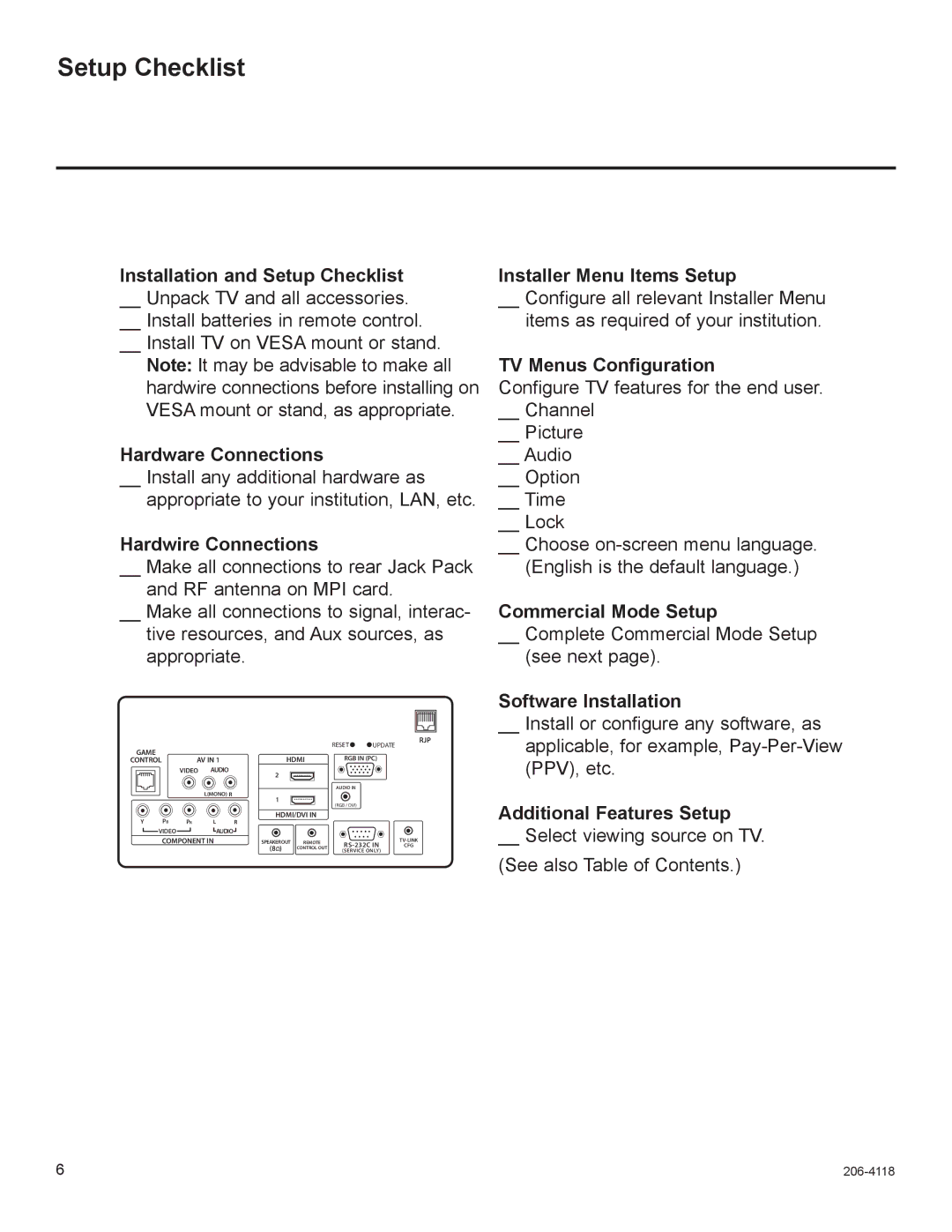 LG Electronics 37LH265H, 42LH255H, 42LH260H, 42LH250H, 37LH250H, 37LH260H, 37LH255H, 32LH250H, 32LH255H setup guide Setup Checklist 