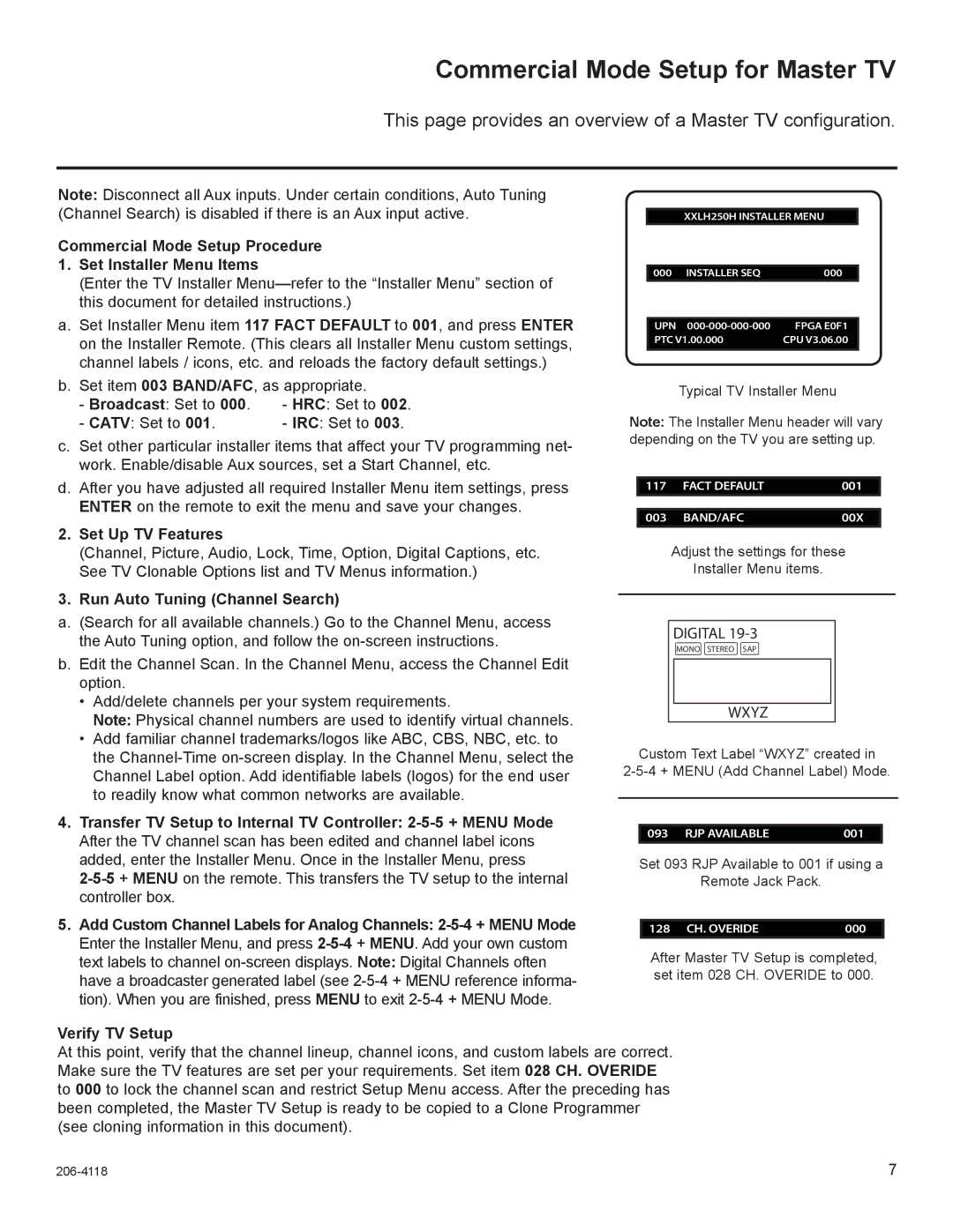 LG Electronics 32LH250H Commercial Mode Setup for Master TV, Commercial Mode Setup Procedure Set Installer Menu Items, 000 